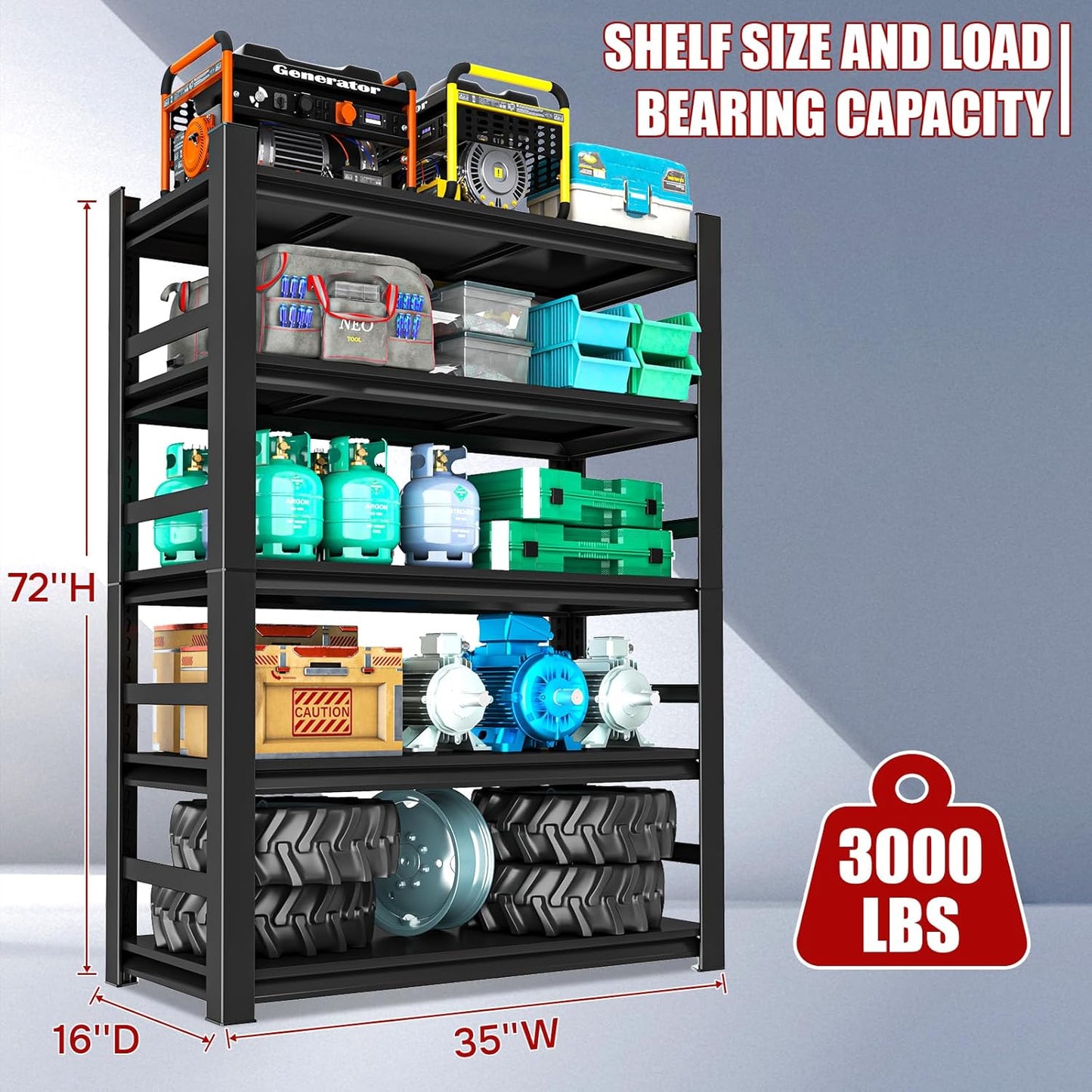 72" H Garage Shelving Unit 3500 LBS Heavy Duty Storage Shelves, Adjustable 5 Tier Metal Shelving Uni for Storage, Utility Shelves for Garage,Workshop, Basement, Home Office 72" Hx35.4 Wx15.7 D