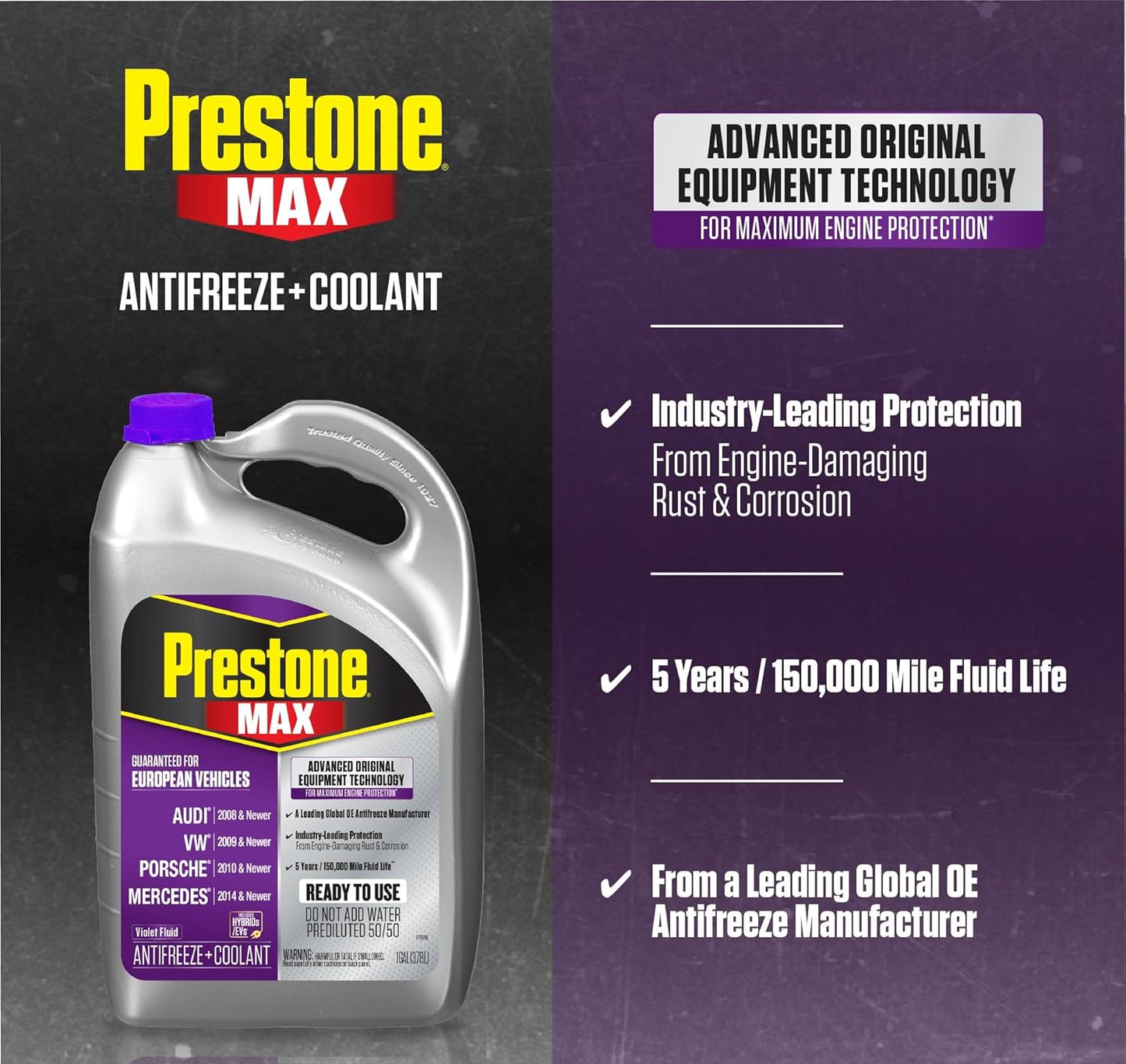 Prestone AF6510 MAX European Vehicles Violet Antifreeze and Coolant, 1 Gallon, Pack of 6