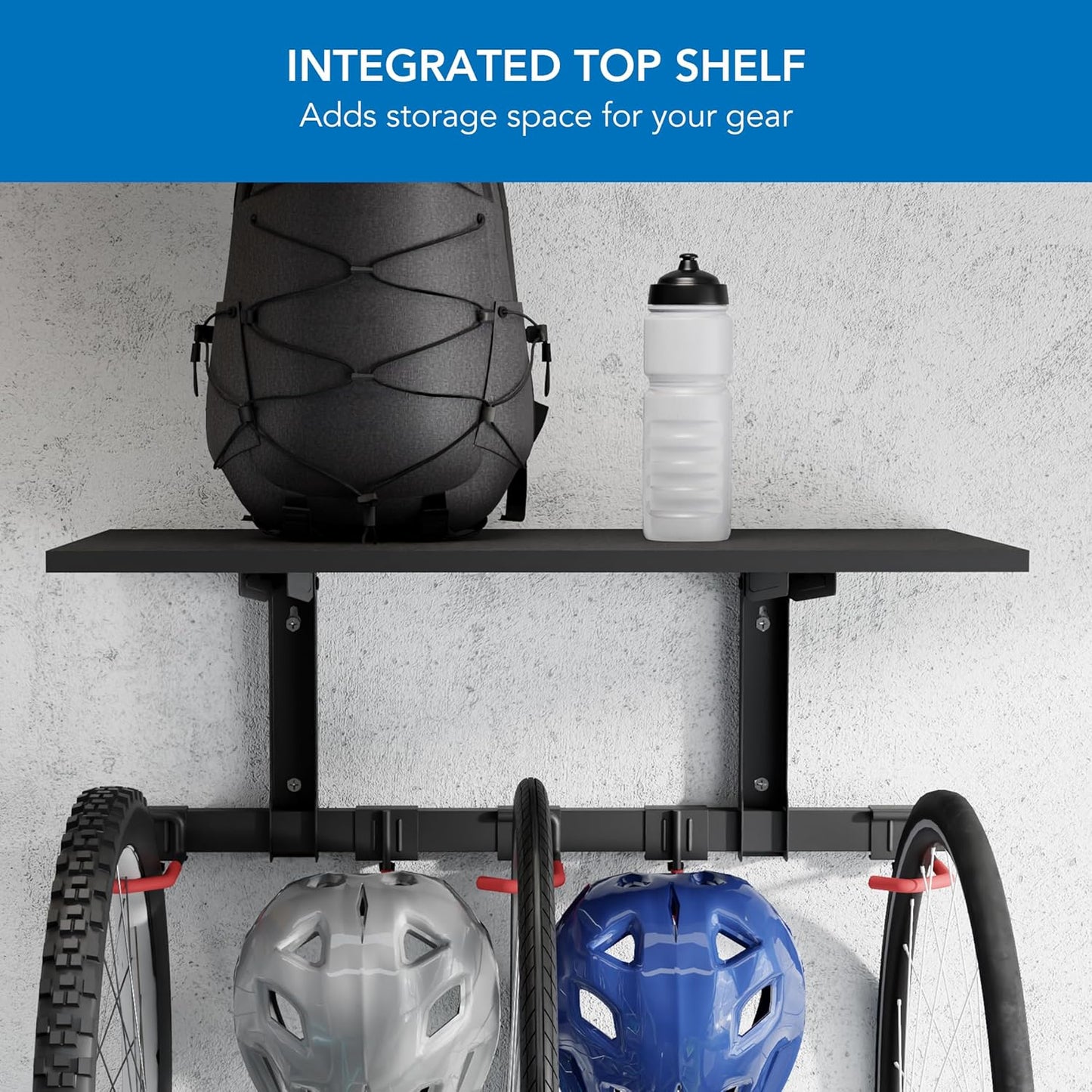 Mount-It! WheelsUp Bike Wall Mount with Shelf | Garage Storage Rack for 3 Bikes & Accessories | Adjustable Padded Hooks, 110 lb Shelf Capacity | Ideal Bike Rack Garage Wall Mount for Organized Spaces
