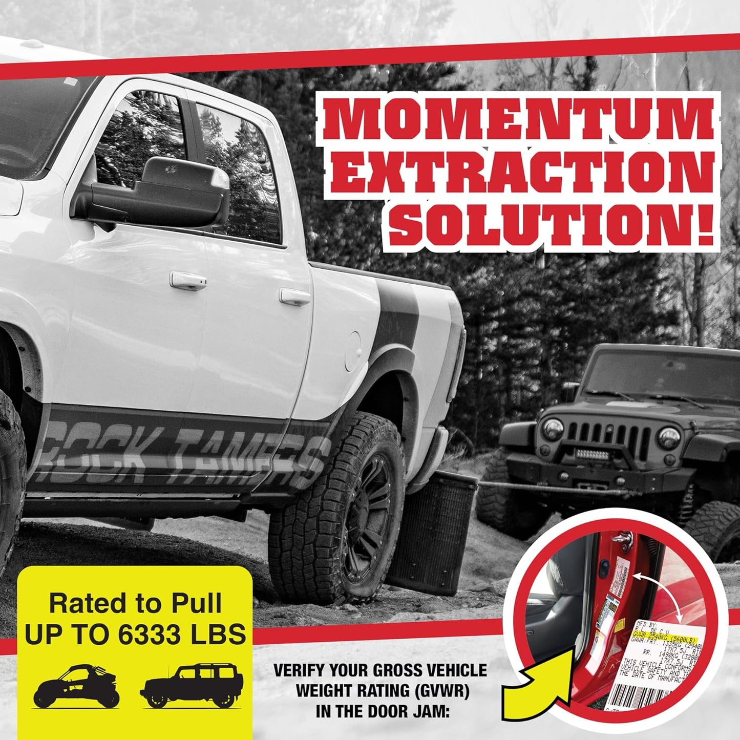 Rock Tamers Kinetic Recovery Rope Kit - Heavy Duty Tow Strap - 3/4" x 30' Kinetic Tow Rope with High-Visibility Reflective Weave - 19,000 lb Break Strength for Vehicle Recovery