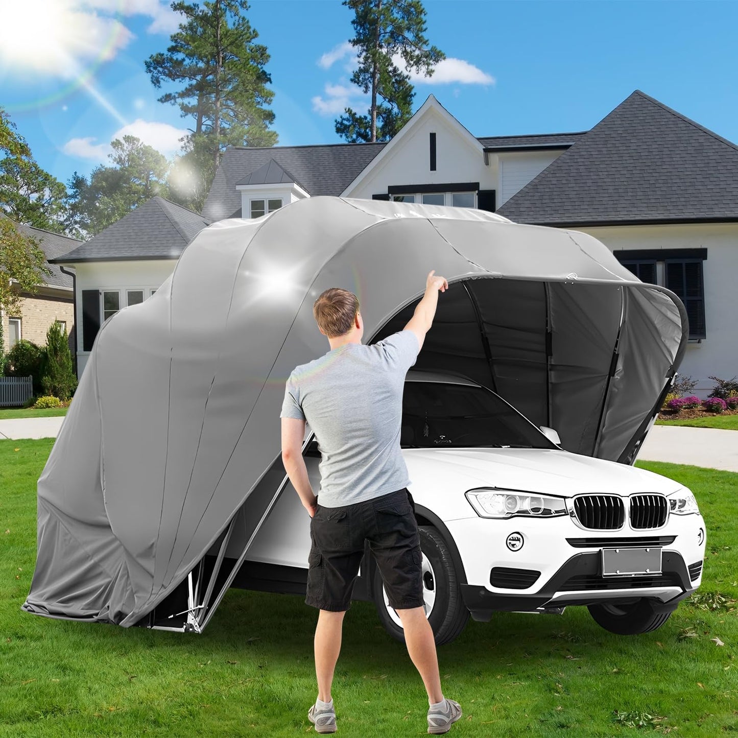 Stainless Steel Carport, Foldable Retractable Garage, Heavy Duty Mobile Carport, Semi-Automatic Outdoor Shelter, All-Weather Weatherproof RV Cover, for Parking Lot, Yard, Grey