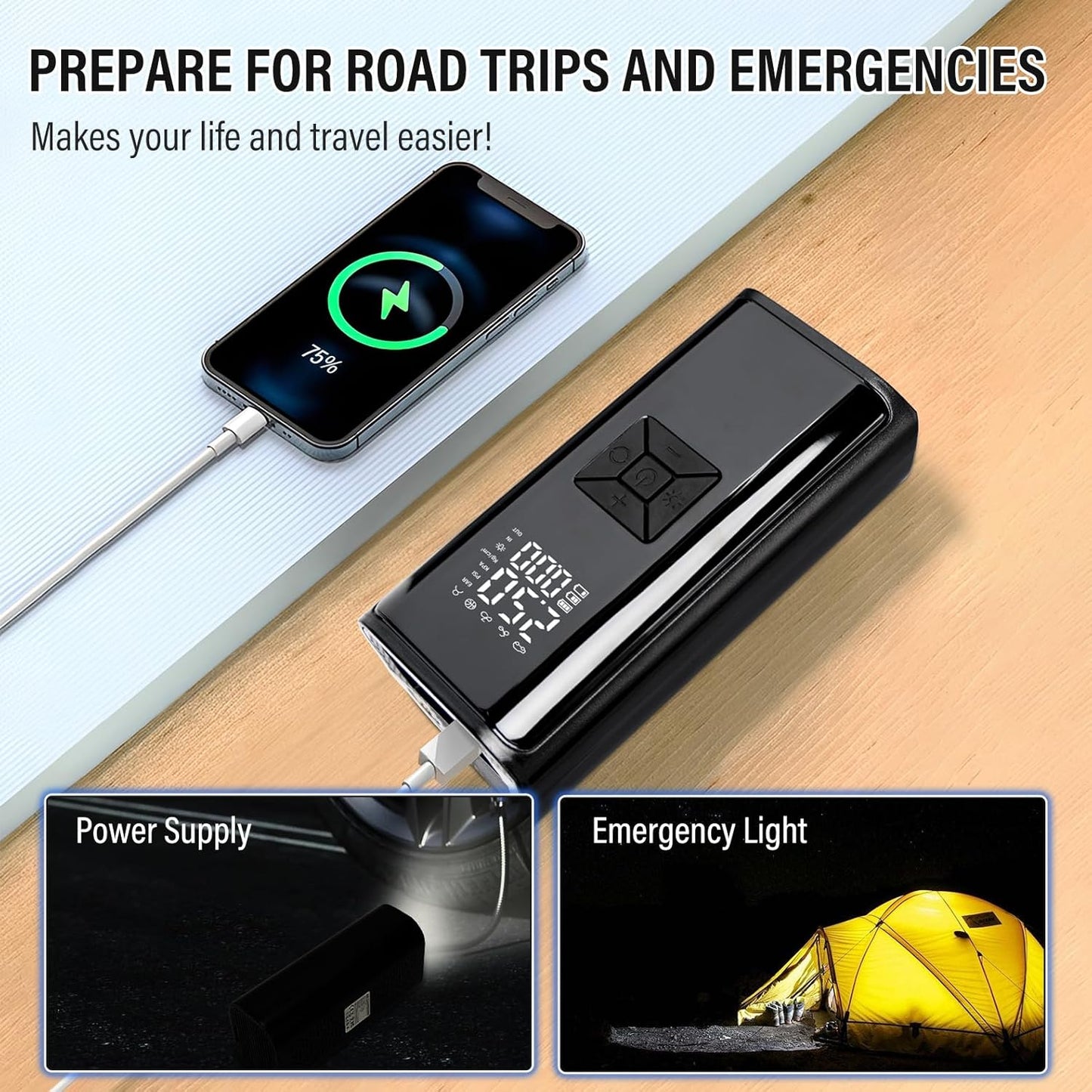 Tire Inflator Portable Air Compressor - Cordless Air Pump with Digital Tire Pressure Gauge, Accurate Dual LCD Display & LED Light, for Car/Motorcycle/E-Bike/Ball