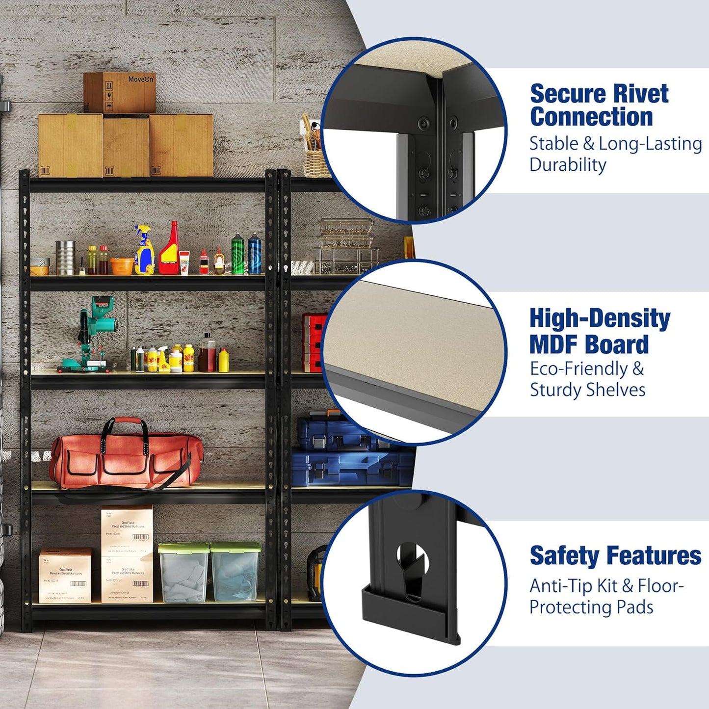 WORKPRO 5-Tier Storage Shelf, 72" H Heavy Duty Adjustable Garage Shelving Unit 2180LBS Capacity, for Basement, Kitchen, Pantry, 35.4”Wx15.7”Dx72”H, Black