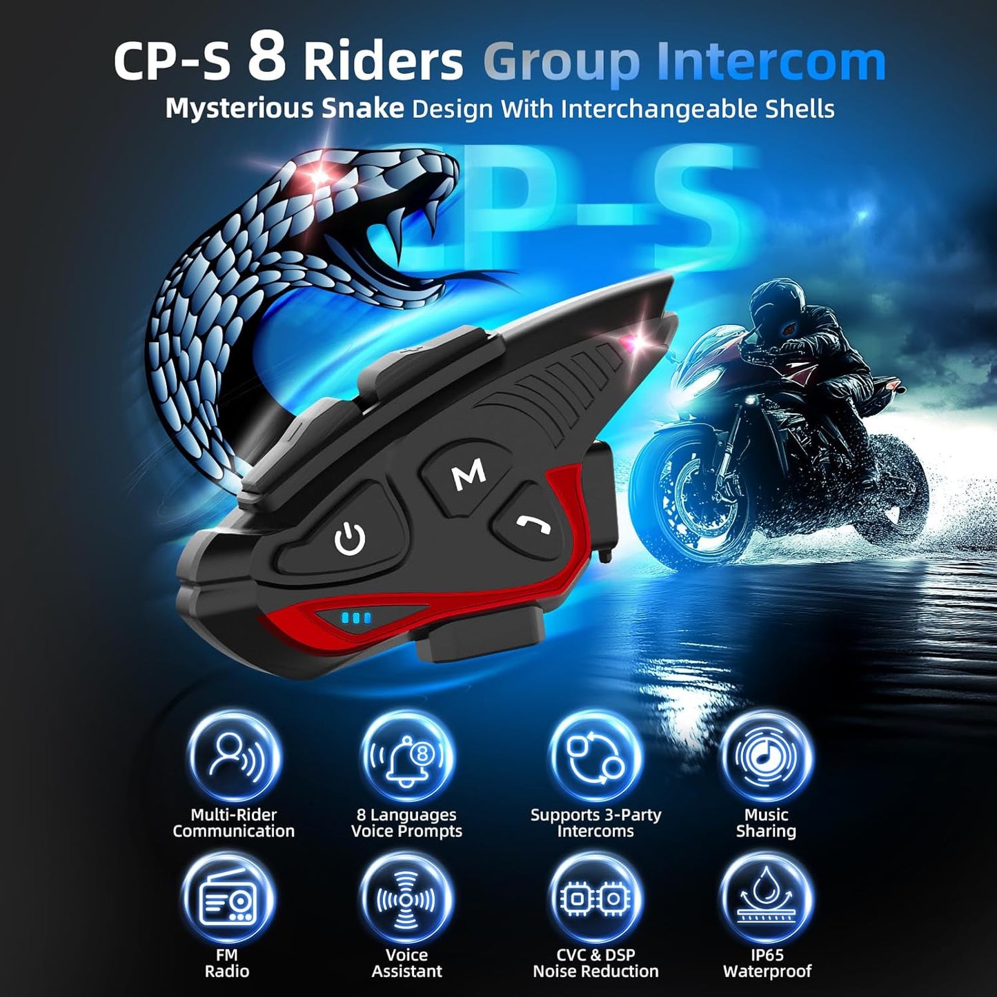 Moman Motorcycle Intercom Headset, CP-S 8 Riders 2000M Group Helmet Communication System, Universal Pairing with HiFi Noise Cancellation Music Share FM Radio Helmet Group Communicator for Motorbike