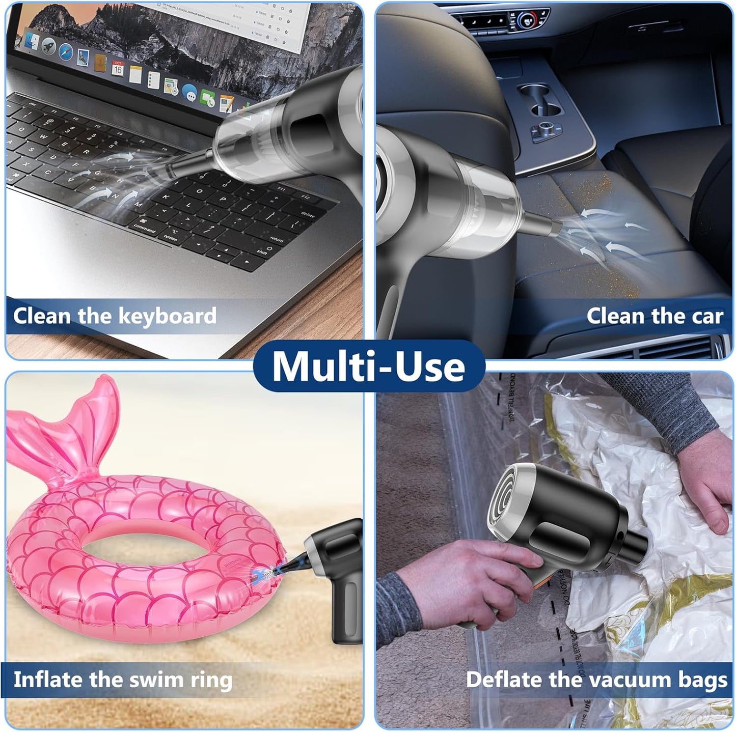 Fanisic Mini Car Vacuum, Cordless Handheld Vacuum Cleaner Rechargeable, 15000PA Strong Suction, 3 in1 Dust Buster/Air Blower/Hand Pump for Car/Keyboard/Home/Office, Inflate/Deflate Swim Ring