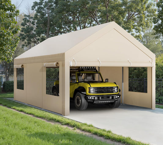 Walsunny Carport, 10x20 ft Heavy Duty Carport Canopy with Roll-up Windows, Portable Garage with Removable Sidewalls & Doors, Car Canopy with All-Season Tarp for Car, Truck, Boat