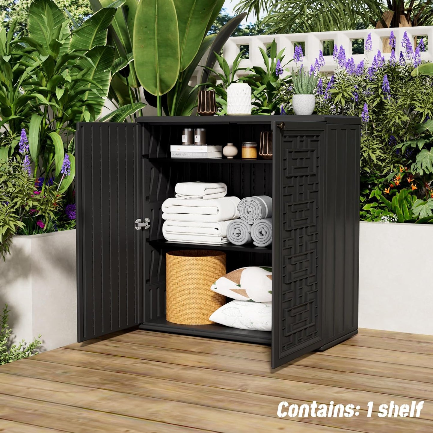 Indoor Outdoor Storage Cabinet Waterproof with Shelf,Plastic Storage Sheds Outdoor Cabinets for Patio/Garden/Backyard, Size 34.3''L*15''W*36.2''H（Black）
