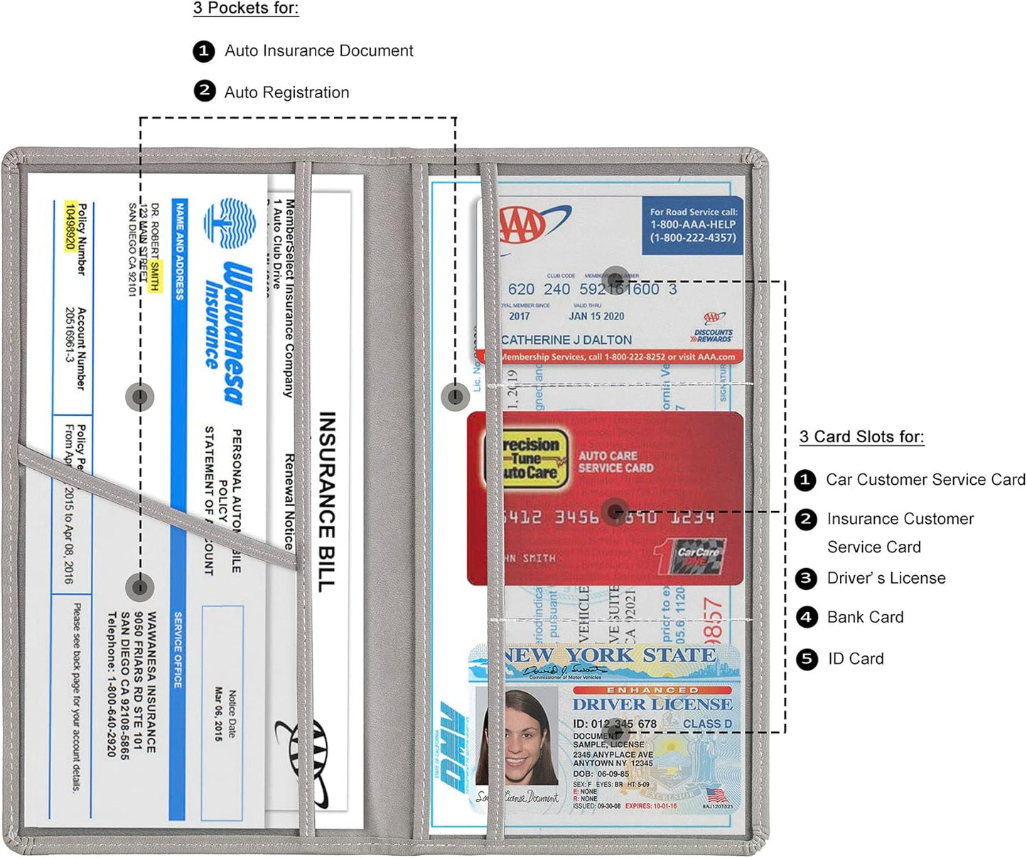 TOURSUIT Car Registration and Insurance Card Holder, Vehicle License Document Glove Box Compartment Organizer, Interior Car Accessories for Women Men Teens (Grey)