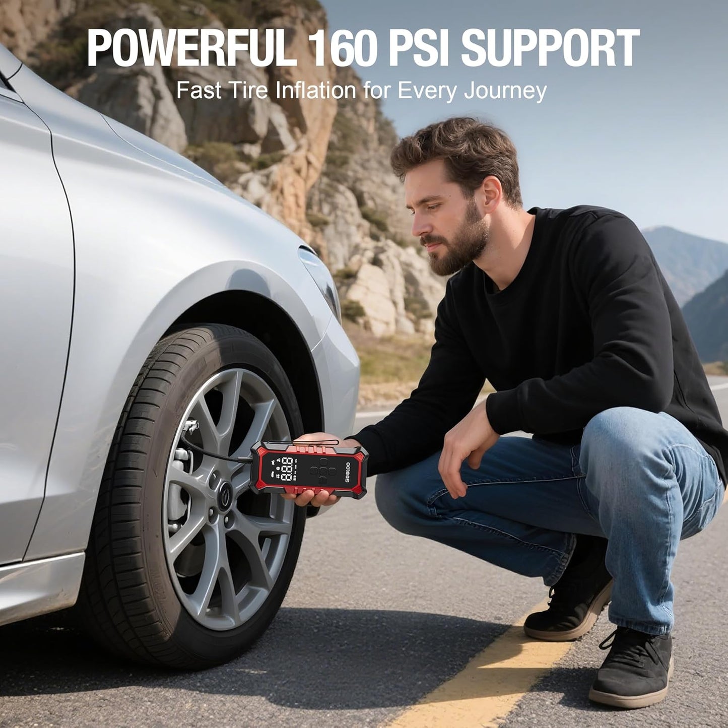 GOOLOO A6 Gear Tire Inflator Portable Air Compressor, 160 PSI Cordless Tire Inflator with Digital Pressure Gauge ＆LED Light, Air Pump for Car Tires, Bike, Motorcycle, Balls