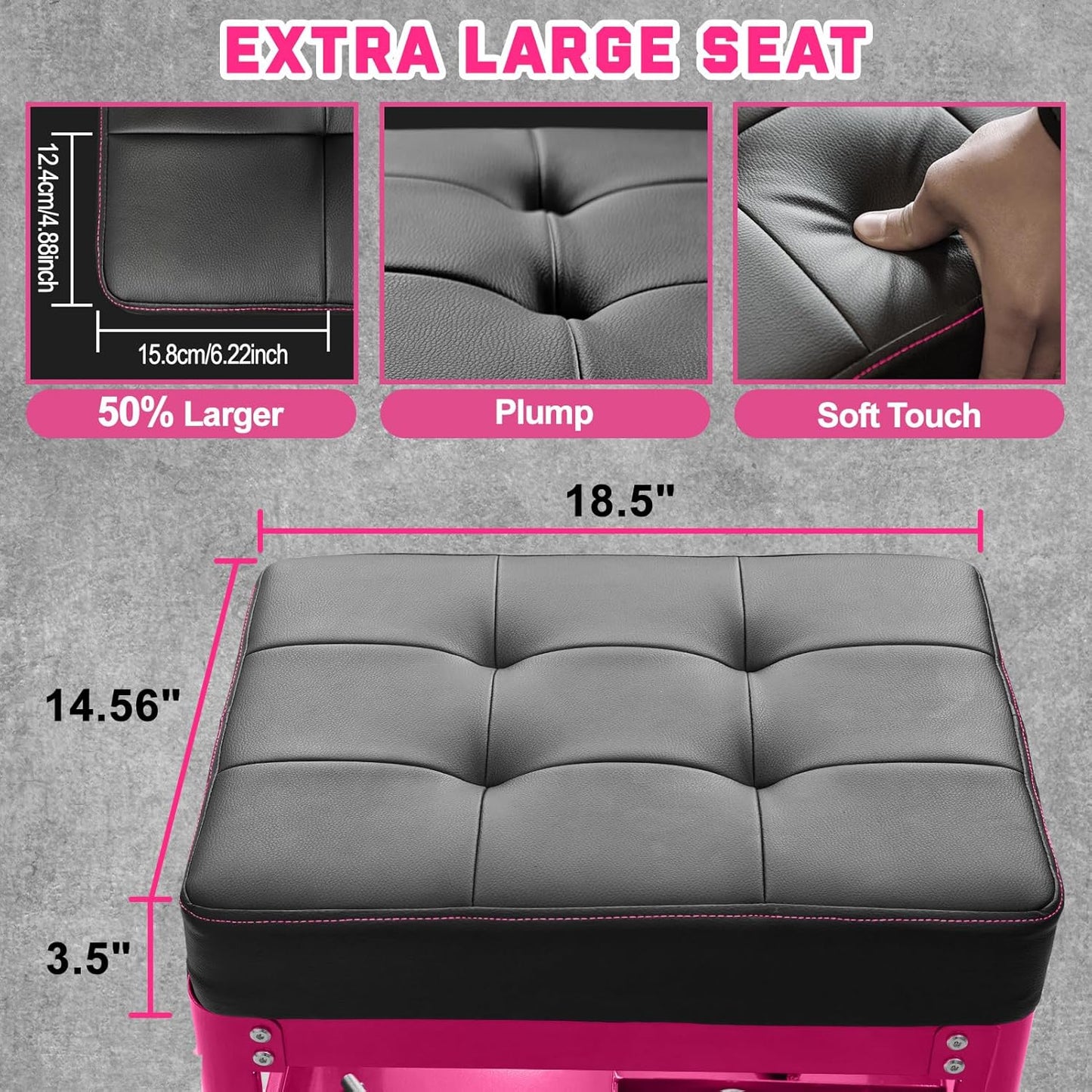 Rolling Mechanic Shop Stool with Wheels, Garage Mechanics Stool with 2 Layer Repair Tools Tray, Padded 360° Swivel Automotive Roller Creeper Seat Shop Chair, Heavy Duty, 330 LBS Capacity, Pink