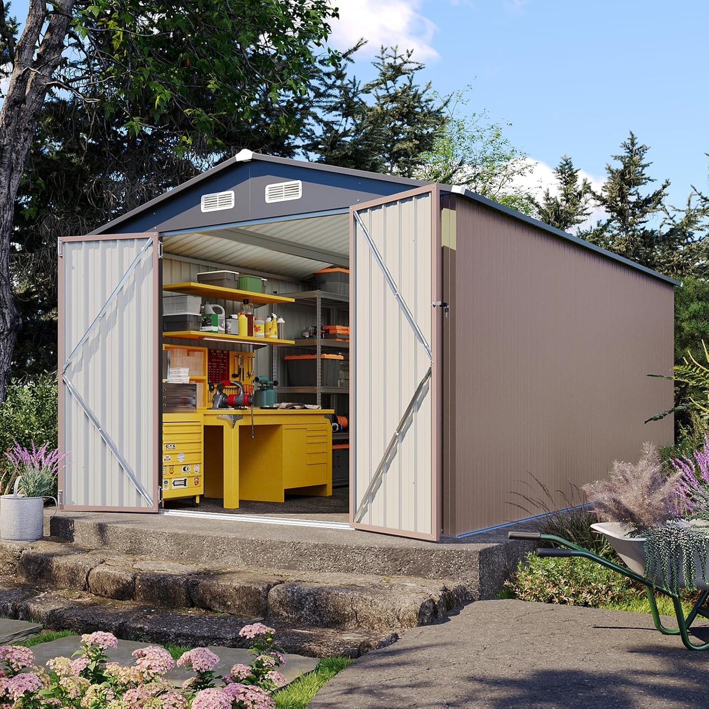 Aoxun 8 x 15FT Outdoor Storage Shed with Double Hinged Large Door Utility Garden Shed with Lockable Door & Sloped Roof Metal Sheds Outdoor Storage for Garden, Backyard, Patio and Backyard, Brown