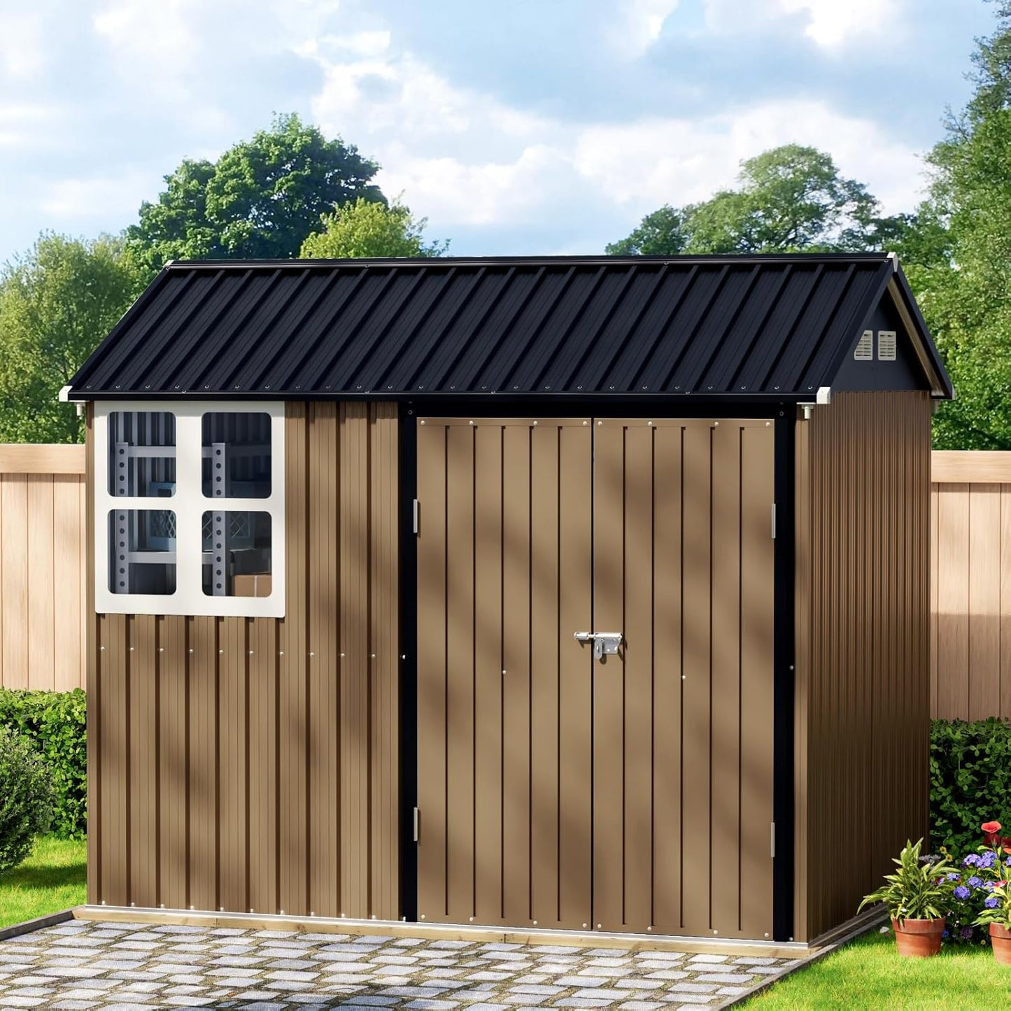 8X6FT Outdoor Steel Storage Shed with Lockable Doors, Frame Floor (No Wood/Other Boards),One Window,Ideal for Garden, Backyard, Patio Storage,Brown