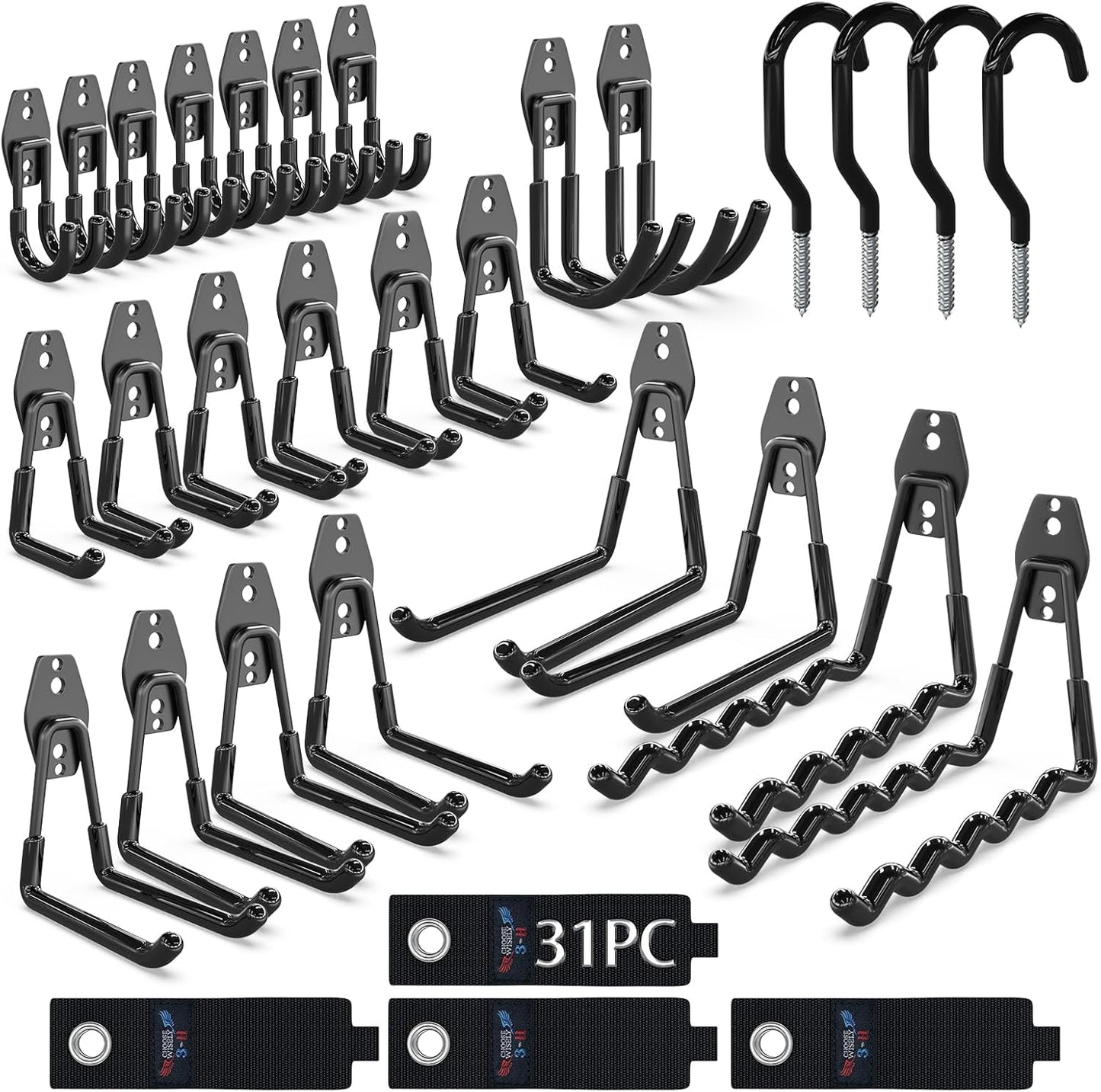 3-H Garage Wall Hooks 31 Pack, Garage Hooks Heavy Duty with Extra Welding Spots, Garage Organizer for Garden, Lawn, Yard Tools, Chairs, Ladders, Weed Eater, Shovel, Blower(Black)