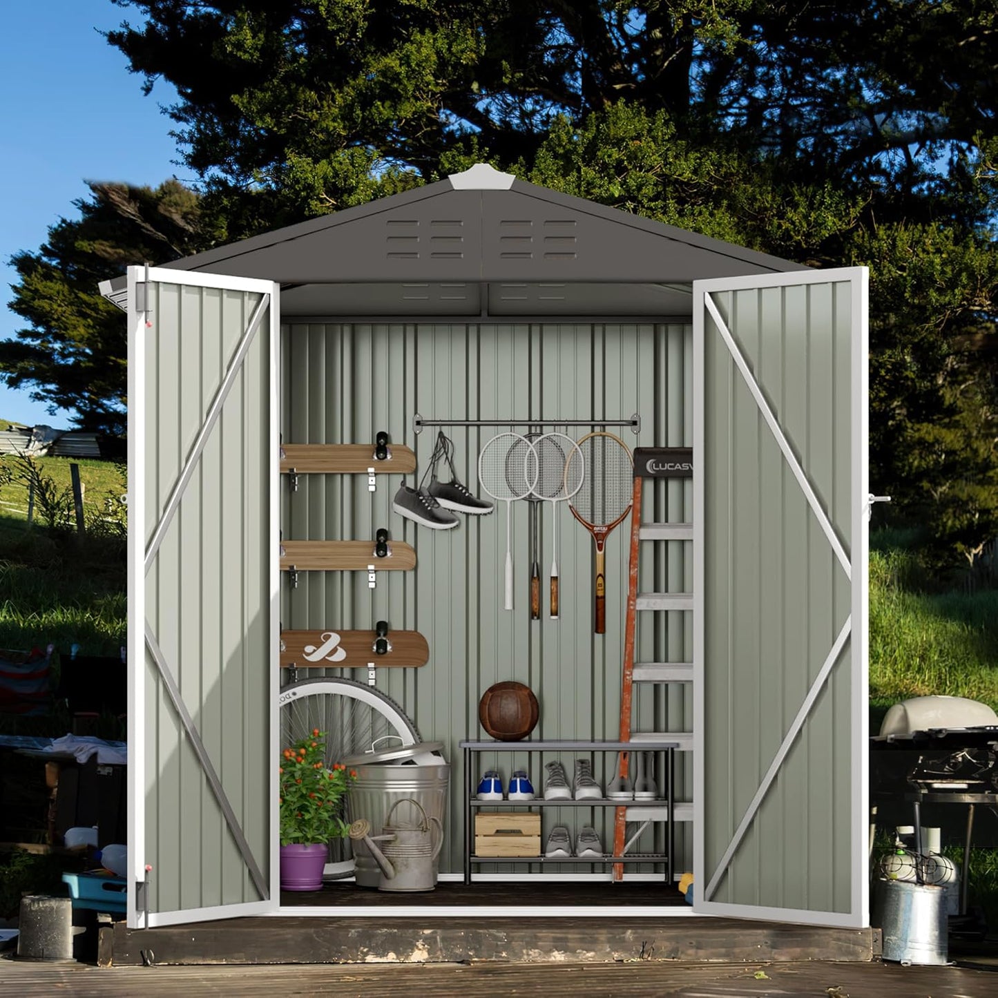 JUMMICO Metal Outdoor Storage Shed 6 x 8 FT Metal Shed with Lockable Door,Waterproof Garden Tool Shed Storage House for Backyard Patio Lawn,White