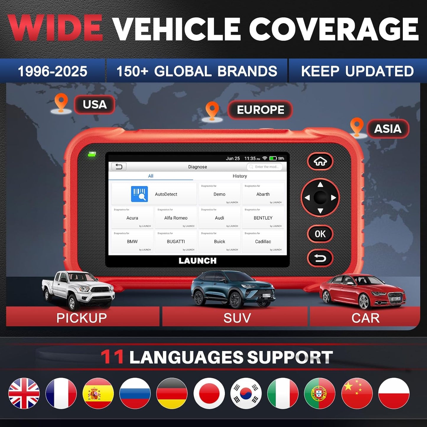 LAUNCH OBD2 Scanner CRP123i V2.0, 2025 Lifetime Update Engine ABS SRS TCM Scan Tool with 7 Resets Oil/SAS/Brake/BMS/D.P.F/ABS Bleeding/Throttle Reset, Auto Vin, Battery Test,FCA SGW