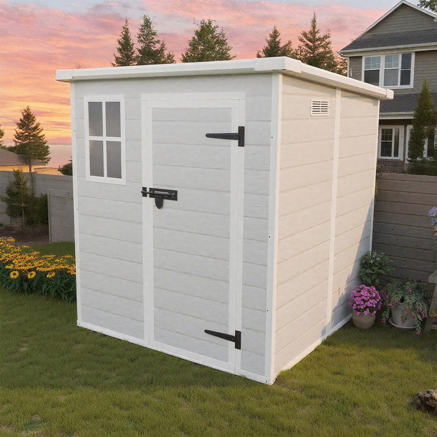 6x6 FT Outdoor Storage Resin Shed with Floor,Waterproof Garden Bike Shed with Lockable Door, Sloped Roof, Vents & Windows,Plastic Tool Shed for Lawn, Backyard, Patio,White+Gray