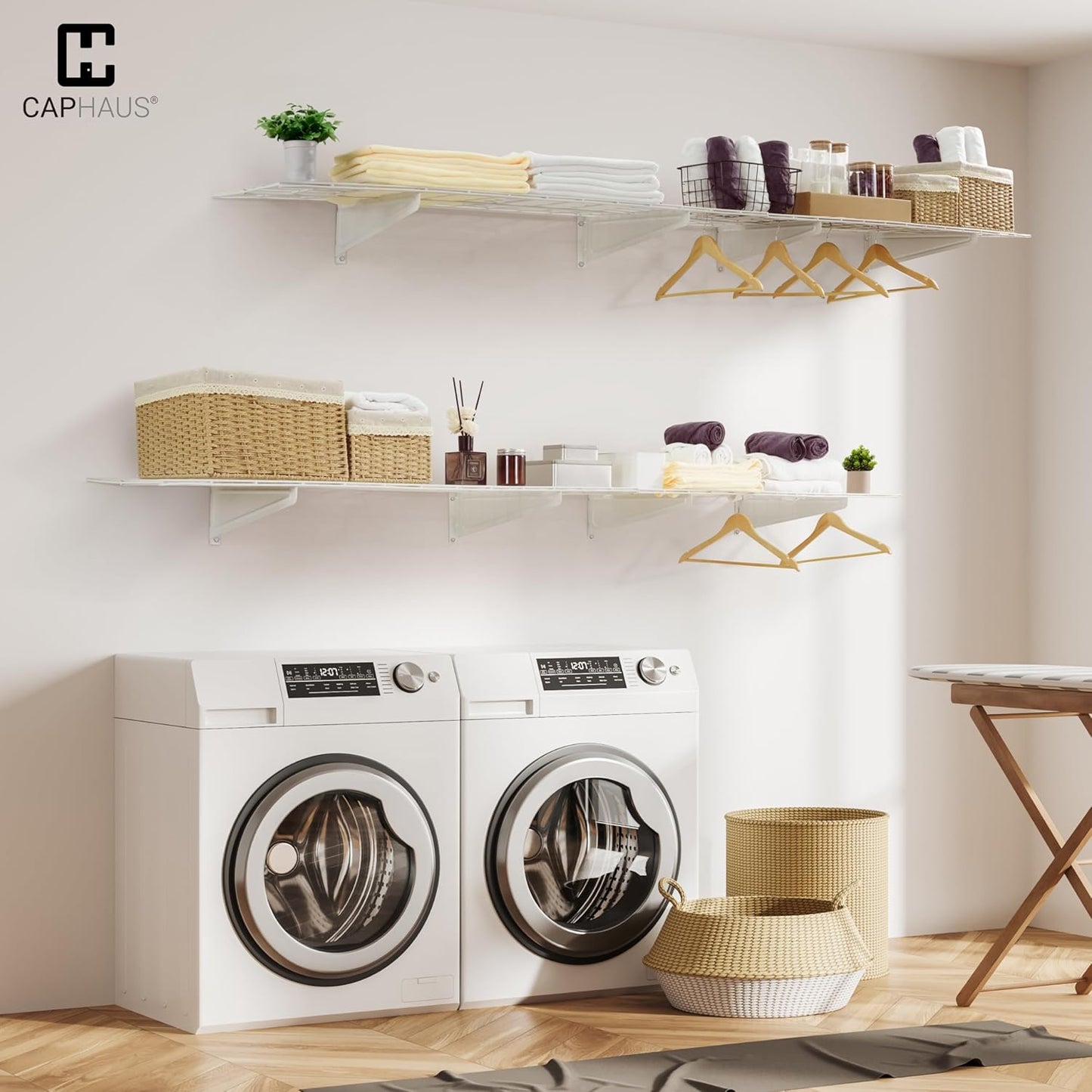 Fencer Wire 72 in. W x 18 in. D Wall Mounted Garage Wall Shelving w/ 4 Hooks, White Wall Shelf, Heavy Duty Garage Wall Storage System, Garage Organizer Floating Shelves, 1000lb Weight Capacity