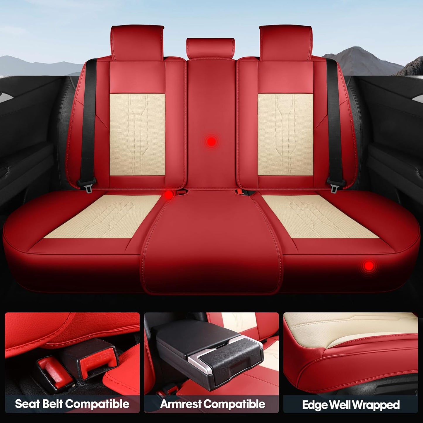 AOOG Car Seat Covers Full Set, Leather Seat Covers for Car, Waterproof Car Seat Protector with Lumbar Support, Automotive Seat Covers Universal Fit for Most Cars SUV Trucks (Full Set, Red)