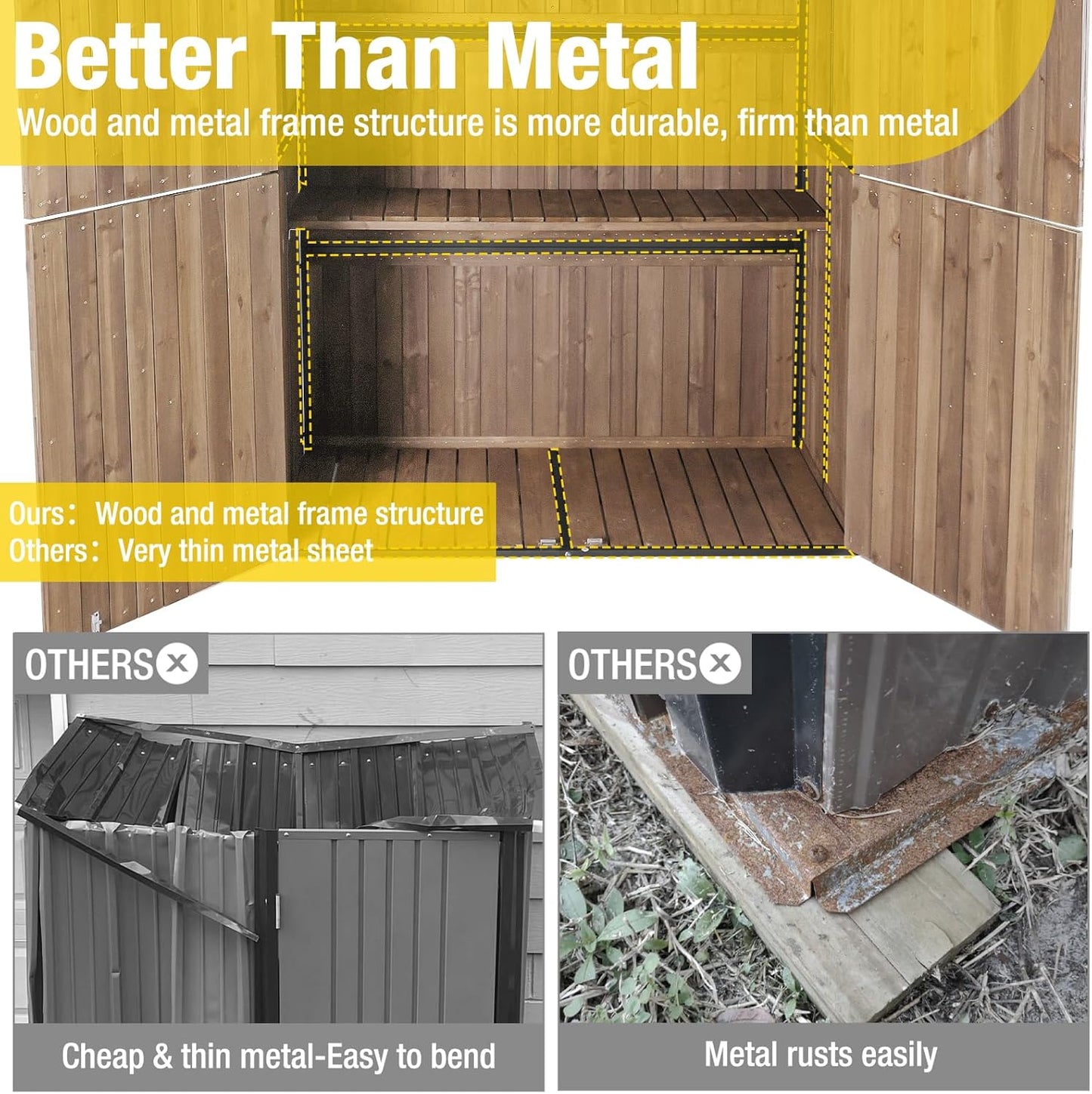 Aivituvin Storage Shed Outdoor Storage Cabinet Upgraded with All Arounded Metal Frame, Wooden Floor and Adjustable Shevels 55" L x 29" W x 67" H, Dark Brown