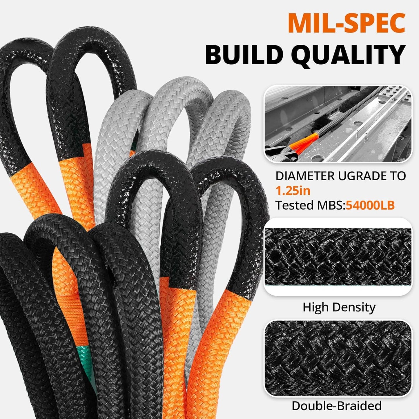Kinetic Recovery Tow Rope: 1.25" x 30ft 54000LBS Snatch Strap Heavy Duty Offroad Towing Straps Kit for Trucks SUV UTV ATV Tractor Car Jeep - Black