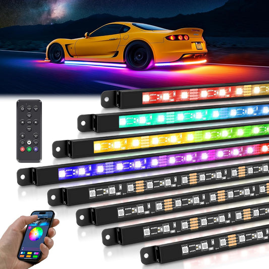 MICTUNING 8Pcs N8+ Chasing Color RGB+IC Underglow Neon Accent Strip Lights, 12V Multi DreamColor Music Soundsync Exterior Underbody Lights for Car, Wireless App & Remote Control, 2 Years Warranty