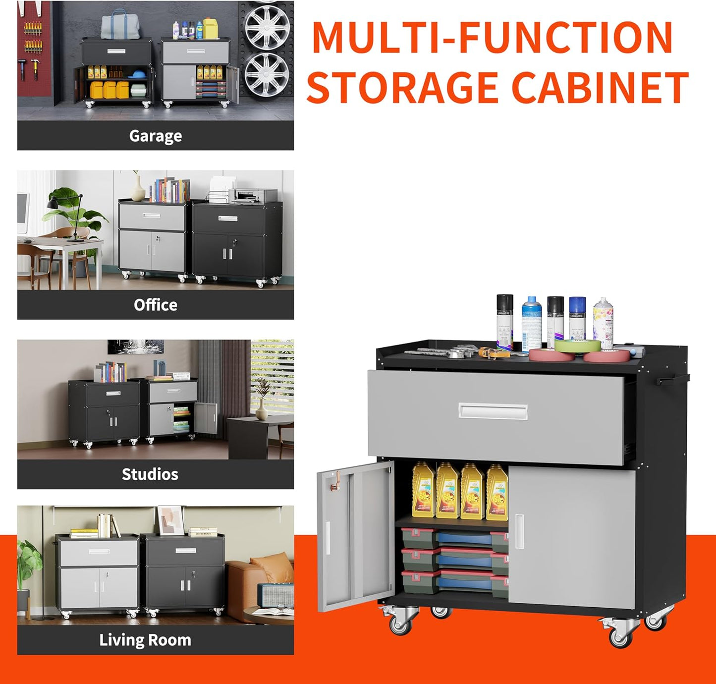 Garage Metal Storage Cabinet for Garage with Adjustable Shelves Wheels, Rolling Tool Chest, Assembly Required, Warehouse, Basement, Tool Room (Gray), Grey