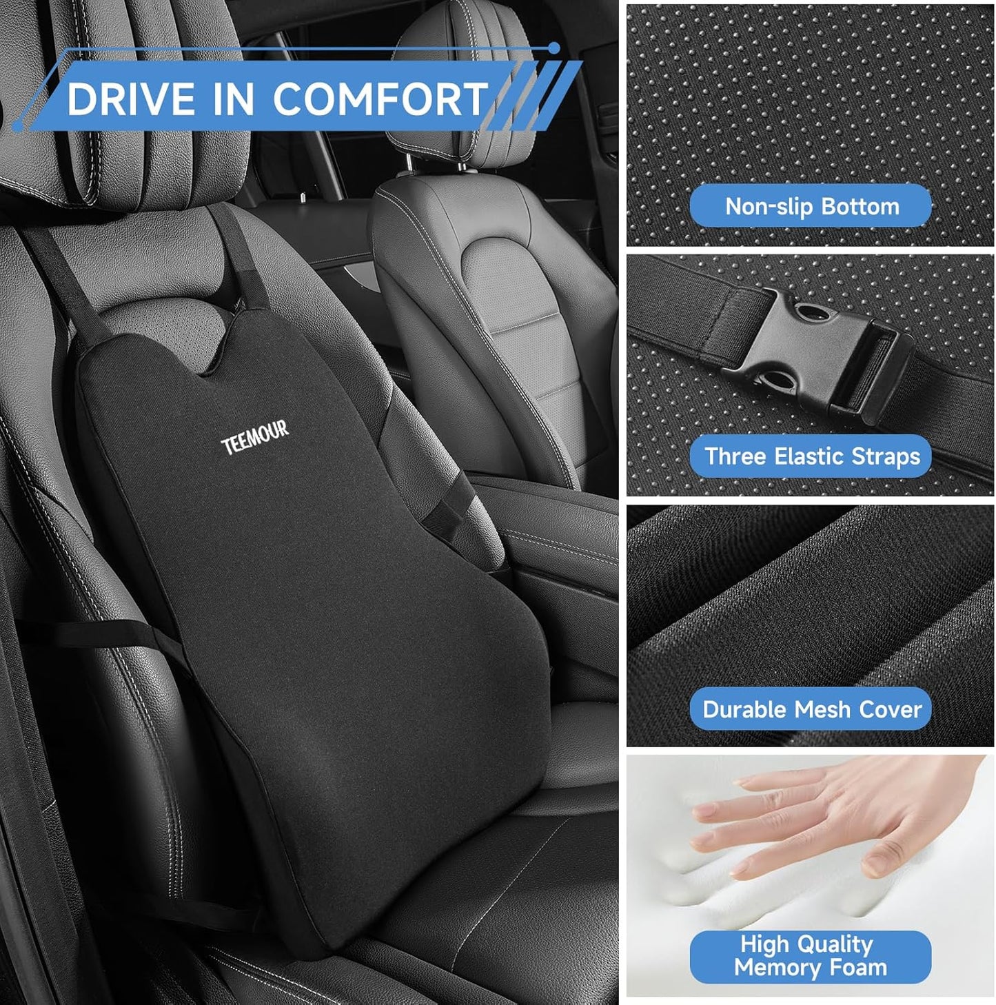 Lumbar Support Pillow for Car Improve Lower Back Pain Relief & Sitting Posture Back Support Memory Foam Back Cushion for Driving, Lumbar Comfort for Long Sitting, Truck with Three Adjustable Straps
