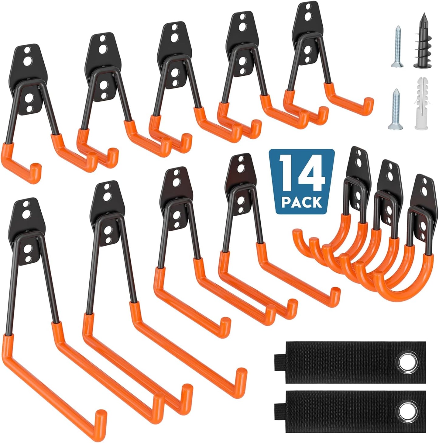 BONTEC Heavy Duty Garage Hooks, Anti-Slip Coated Black Steel with Strong Load Capacity, Multi-Sized U and J Hooks, Easy Wall Mount for Garage, Garden, Workshop (Orange, 14 Pack)