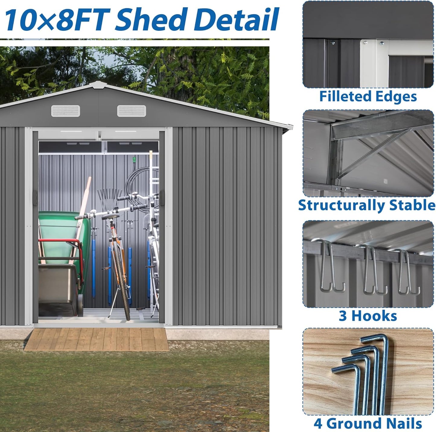 10X8 FT Outdoor Metal Storage Shed with Lockable Door & Floor Frame, Heavy-Duty Garden Tool Shed, Weatherproof Steel Utility Shed for Backyard, Patio, or Lawn Organization