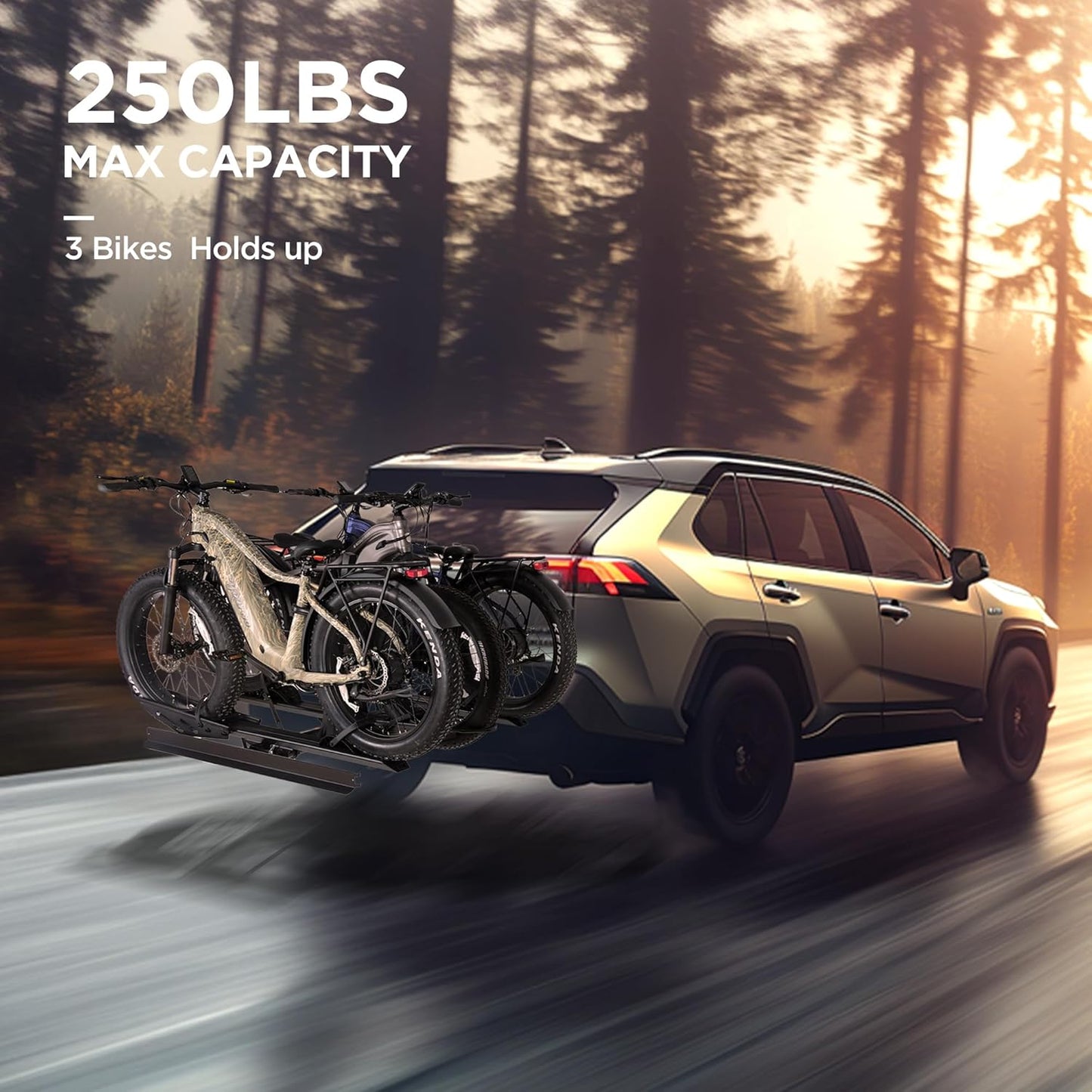 Rockland Foldable 3-Ebike Rack with Ramp, 250 lbs Capacity, Hitch Mount Electric Bike Rack, Fits up to 5" Fat Tire Width and 50" Wheelbase, Ebike Carrier Rack for 2" Receiver for Cars SUVs Vans RVs