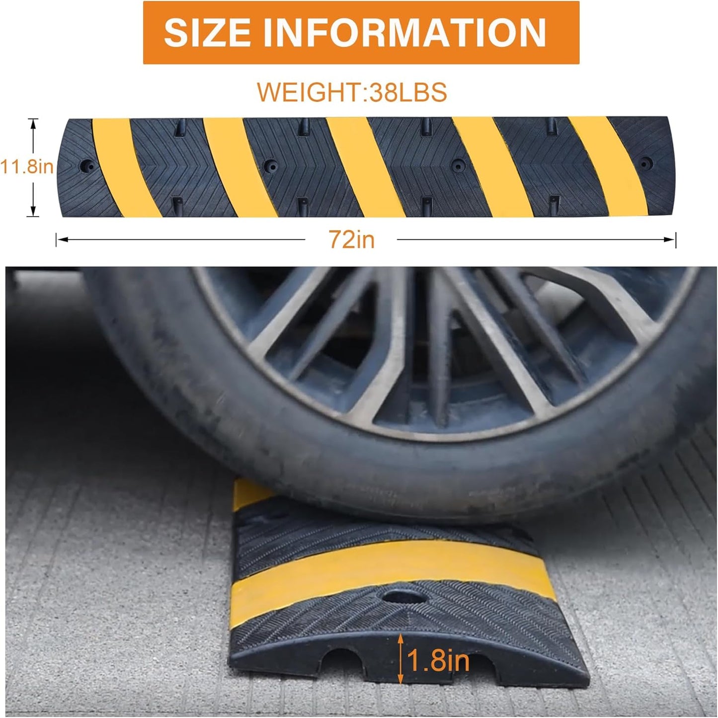 Orangestar 6Ft Rubber Speed Bump, 2 Channel Heavy Duty Speed Hump Cable Protector Ramp with 8 Bolts for Asphalt Concrete Driveway Gravel 72x11.8x1.8 inch(L x W x H) 1-Pack