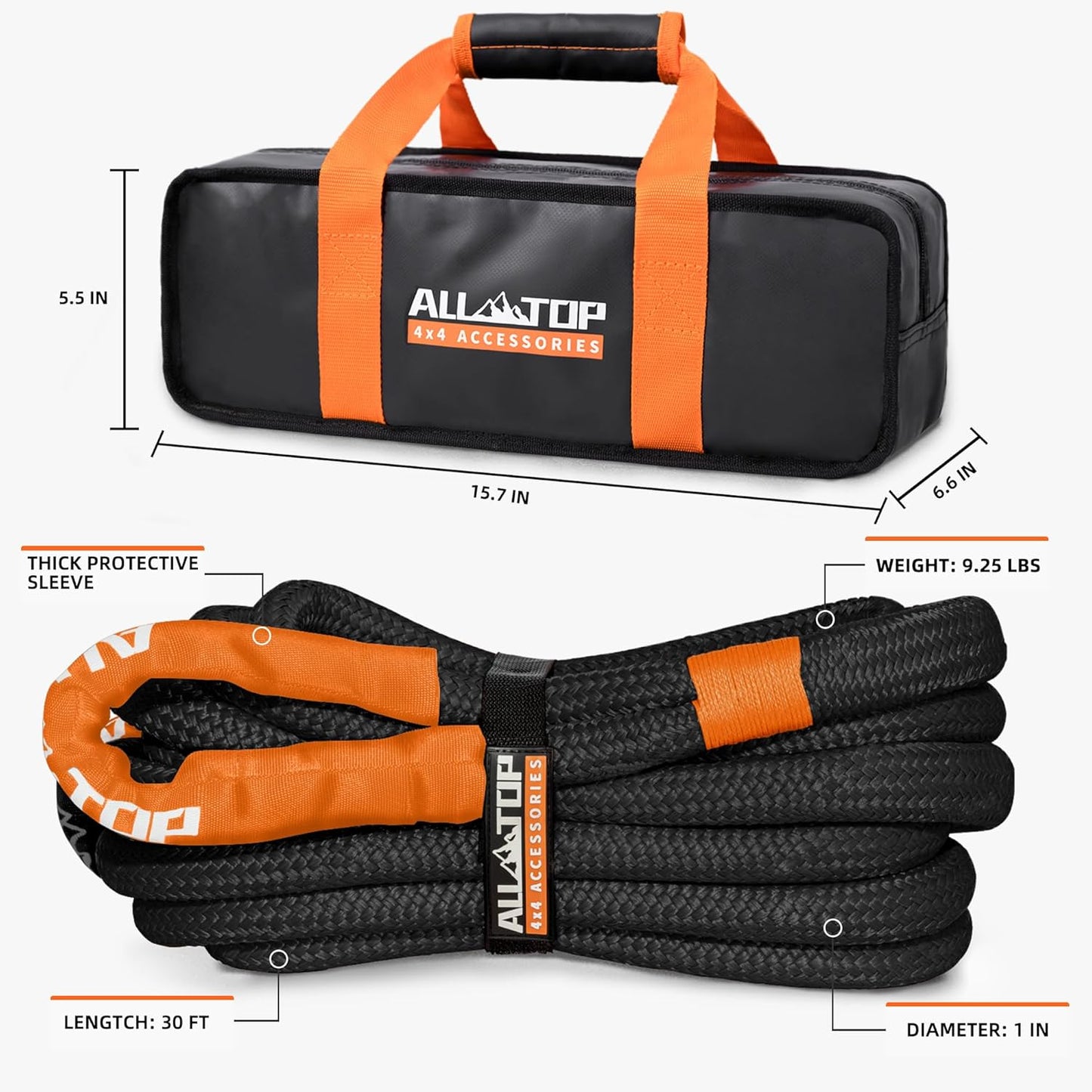 ALL-TOP Kinetic Recovery Rope Kit w/ 2 Soft Shackles, 48000Lbs, 1in x 20ft, Heavy Duty 30+% Elasticity, 16000Lbs Work Load Limit