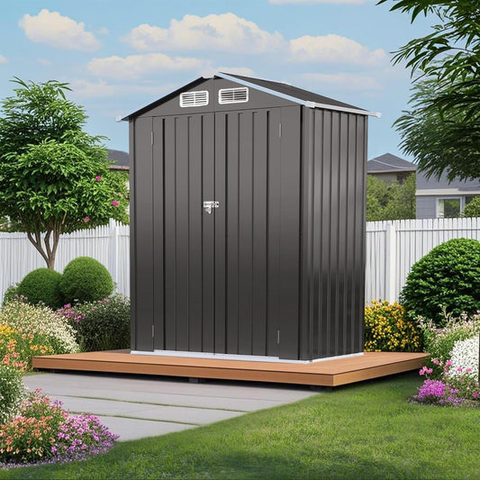 IKERY 5X3 FT Metal Outdoor Storage Shed, Tool Shed with Pitched RoofWaterproof, Lockable DoorCompact Metal Tool Shed for Garden, Backyard, Patio, Everyday Sundries and Bike Storage, Gray