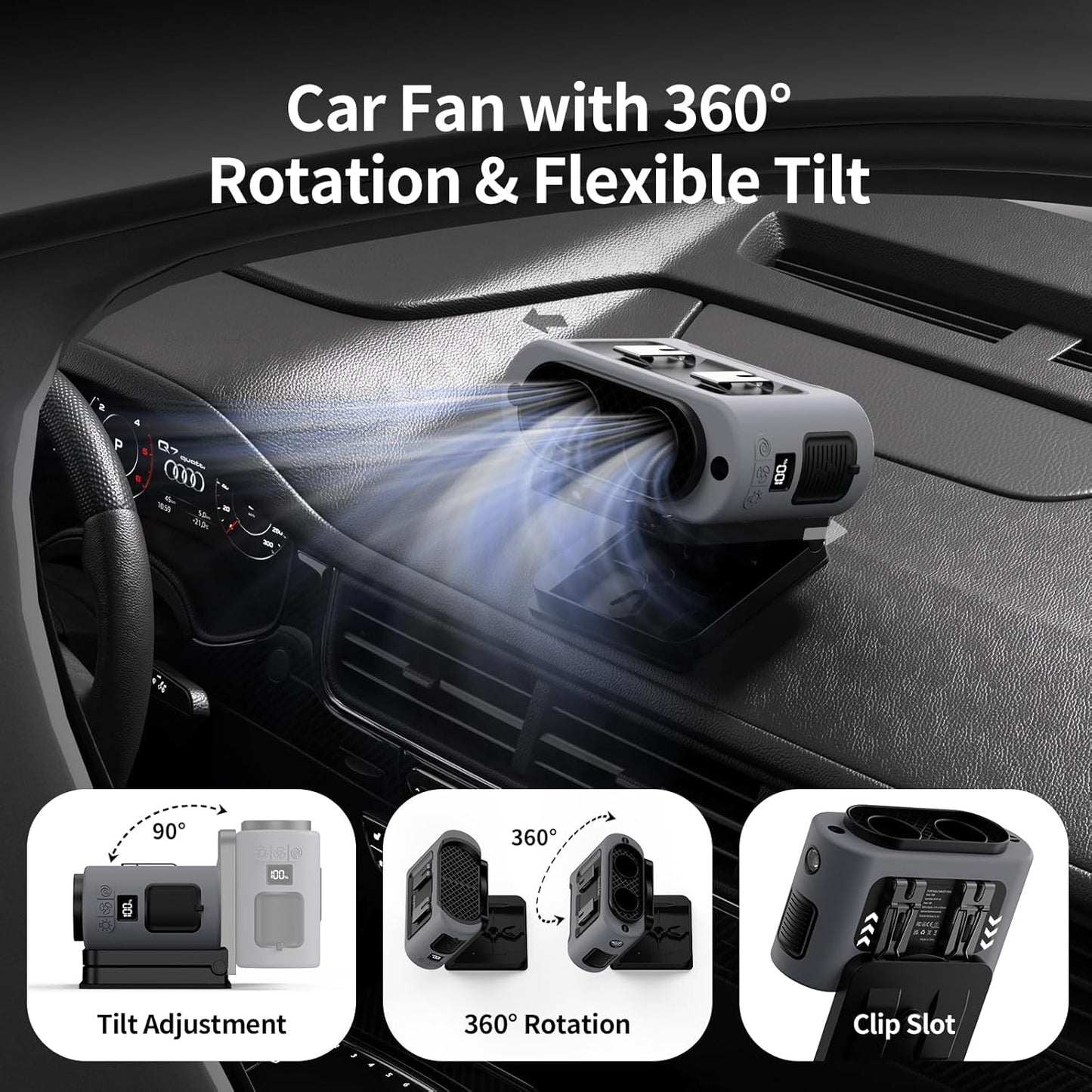 Socool Portable Car Fan - 14500mAh Rechargeable Battery Opearated, Clip on Car Seat Headrest 360 Rotatable, 5-Speed Backseat Fans for Baby Rear Facing Cooling with Dual Air Outlets for SUV RV Truck