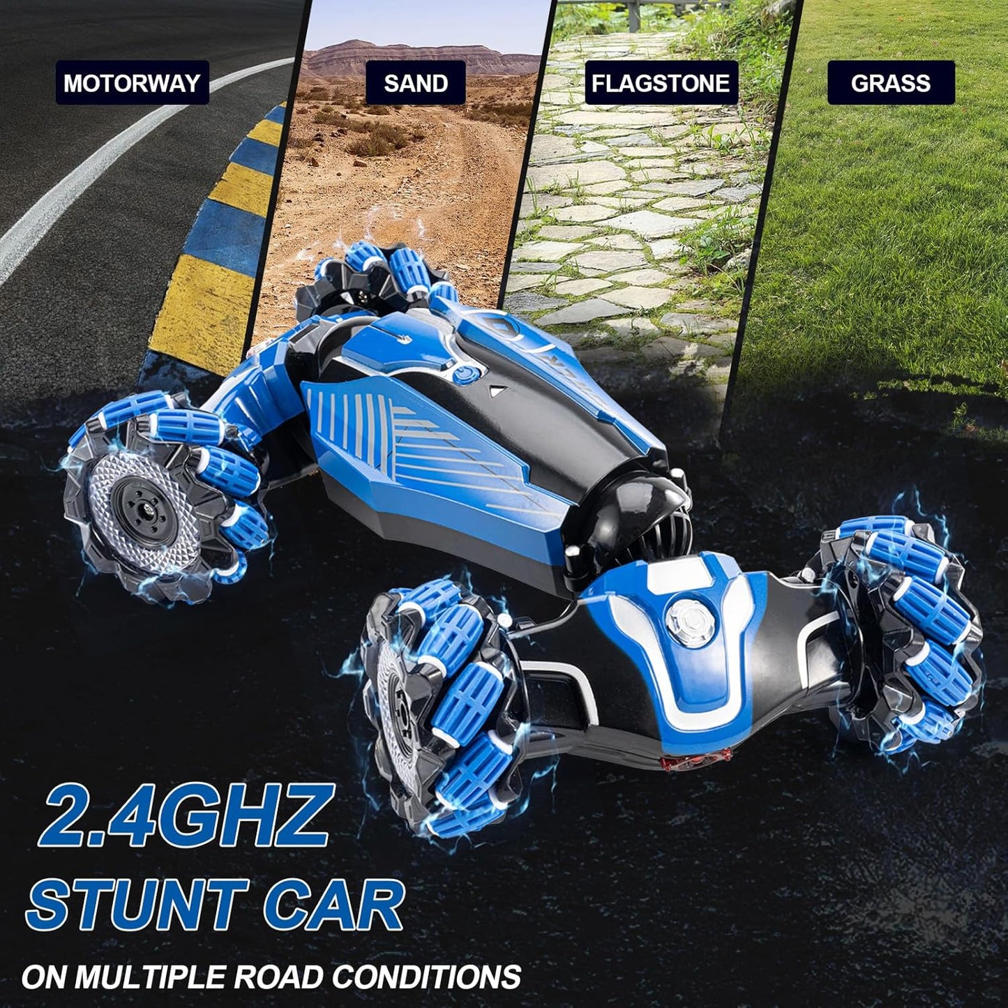 RC Stunt Car, 2.4GHz 4WD Drive Remote Controlled Gesture Sensor Toy Car, Hand Remote Control car with 360° Flipping Light and Music, Children's Toys for Boys and Girls Aged 5-13