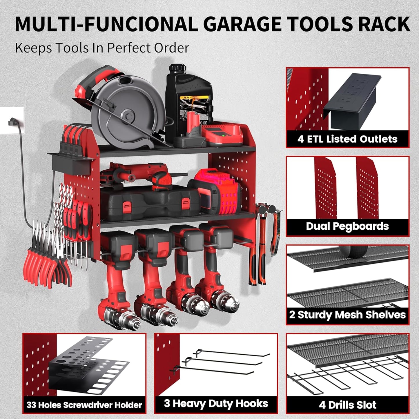 Power Tool Organizer Wall Mount – Adjustable Shelf, Side-Mounted 4-Outlet Charging Station | Heavy Duty Steel Drill Holder with Pegboards, Hooks & Drill Bit Rack for Garage & Workshop Storage(Red)