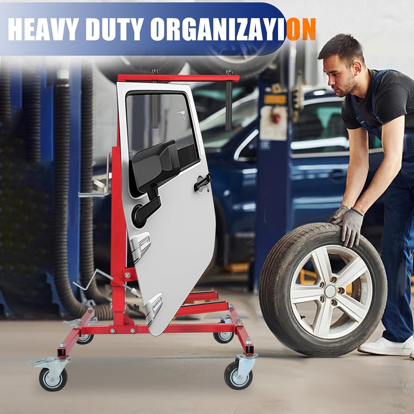 HECASA Adjustable Car Door Installer and Remover Jack Lift Hoist w/Swivel Castors & Straps Hoist Jack Stand Dolly Heavy Duty Auto Body Car Door Floor Jack Stand Steel Red