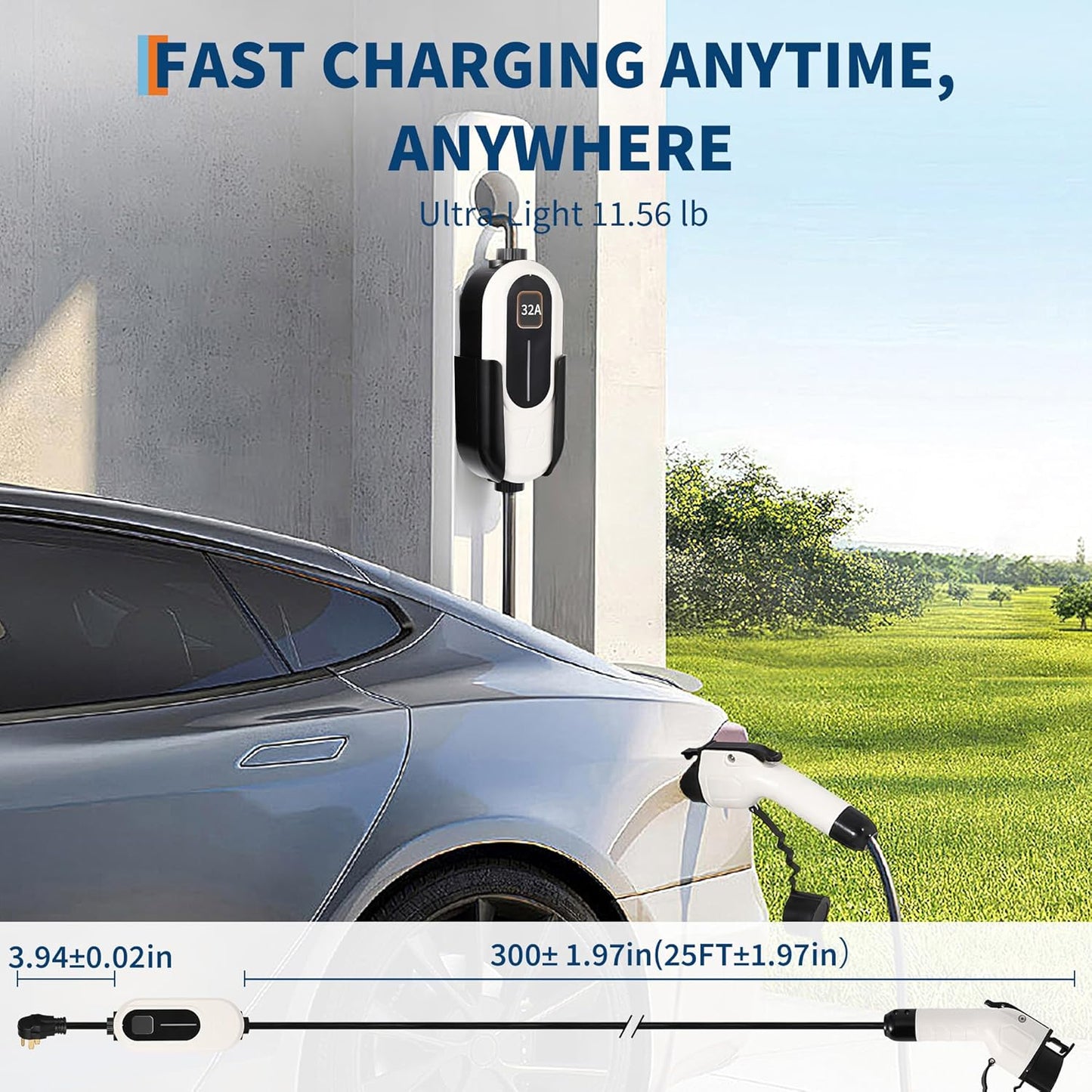 Level 2 EV Charger, 32A 240V Voltage, NEMA 14-50 Plug, 25ft Cable, Adjustable Current/Delay Timer, SAE J1772 Listed Portable Electric Car Charger for Indoor/Outdoor Use