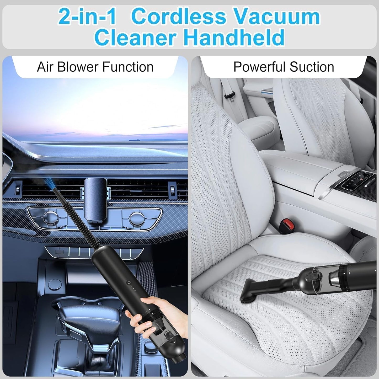 Handheld Vacuum Cordless, 16000pa Car Vacuum Cleaner High Power, 2 Speed Modes Mini Vacuum Cleaner with 2 Filters, Car Vacuum Portable Cordless with Air Blower for Home Office Pet Hair