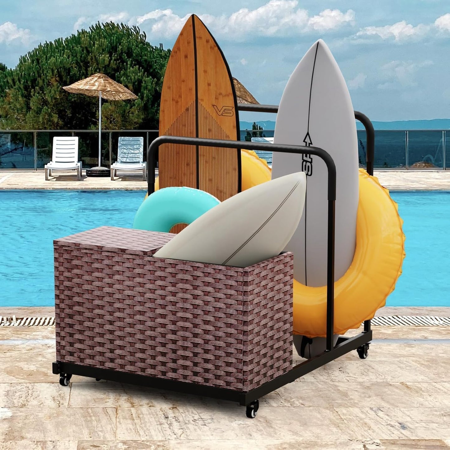 Pool Storage, All-Weather Float Storage Organizer for Cushions, Pool Float Storage Bin with Wheels, Waterproof Metal with Rattan Pattern UV Print Outdoor Pool Towel Rack, Brown