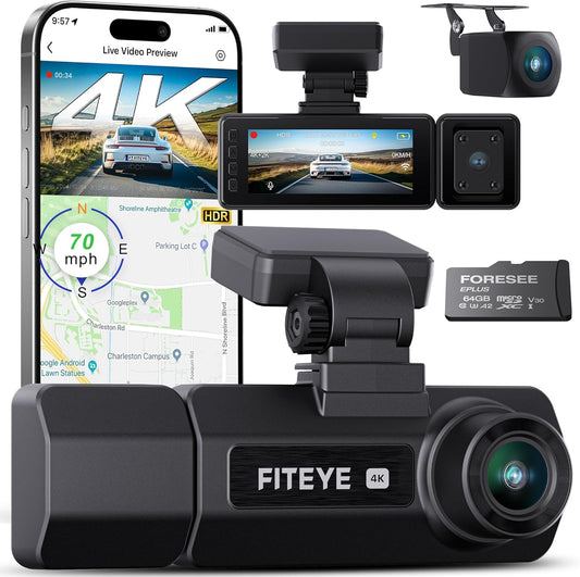 3 Channel 4K Dash Cam, IMX335 STARVIS Sensor, 4K+2K Front and Inside, 2K+1080P+1080P Front and Rear Inside Dash Camera for Cars, Free 64GB Card, Built in WiFi GPS, Intelligent Voice Control