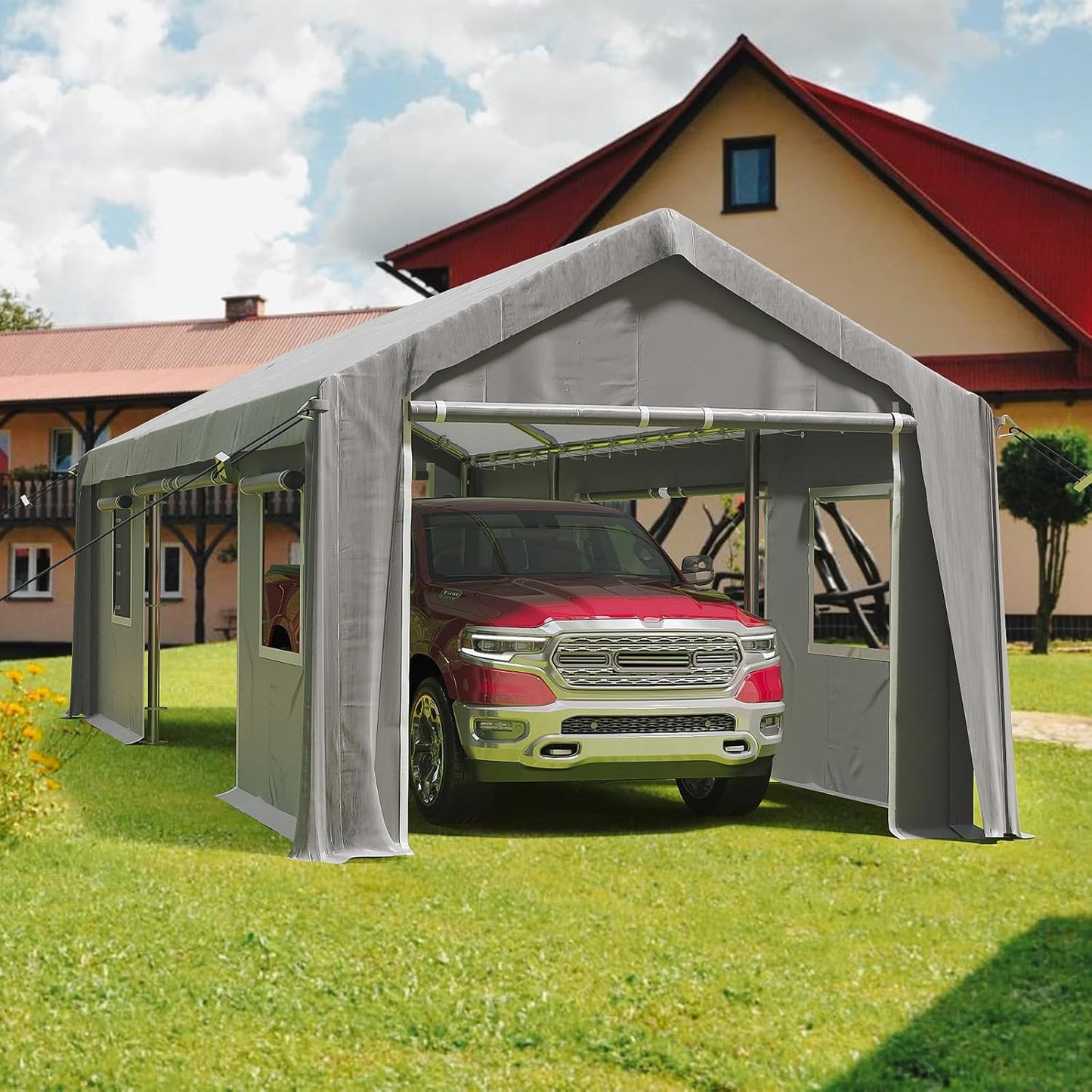 10x20ft Heavy Duty Carport Outdoor Canopy Portable Garage with 4 Doors & 4 Windows Waterproof UV Resistant Storage Shelter with Removable Sidewalls for Car Truck Boat, Gray