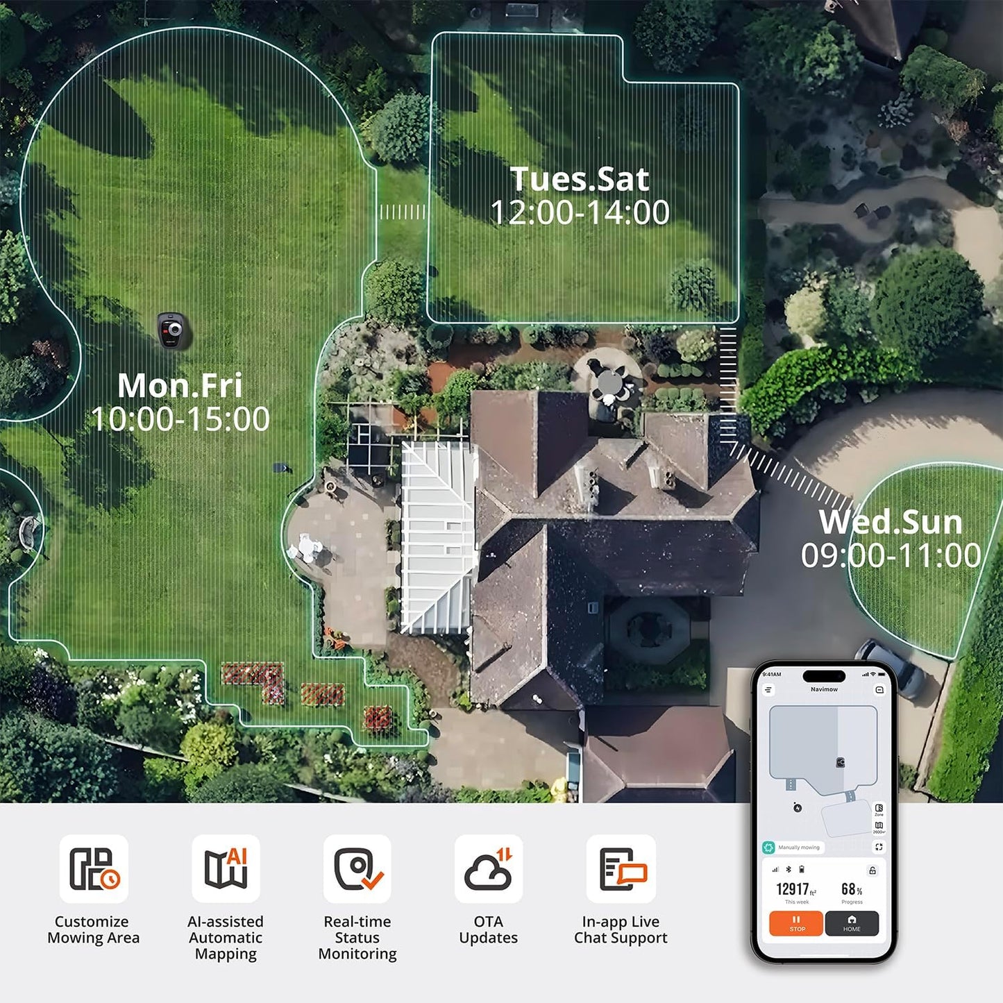Segway Navimow i110N Robot Lawn Mower Perimeter Wire Free 1/4 Acre RTK+Vision Robotic Lawnmower, AI-Assisted Mapping, Virtual Boundary, APP Control, 58dB(A) Quiet, Multi-Zone Management
