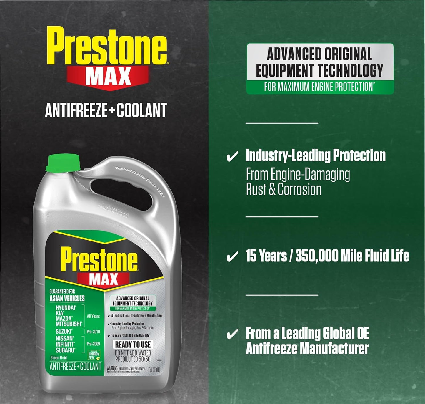 Prestone AF6610 MAX Asian Vehicles (Green) Anti-Freeze and Coolant, 1 Gallon, Pack of 6