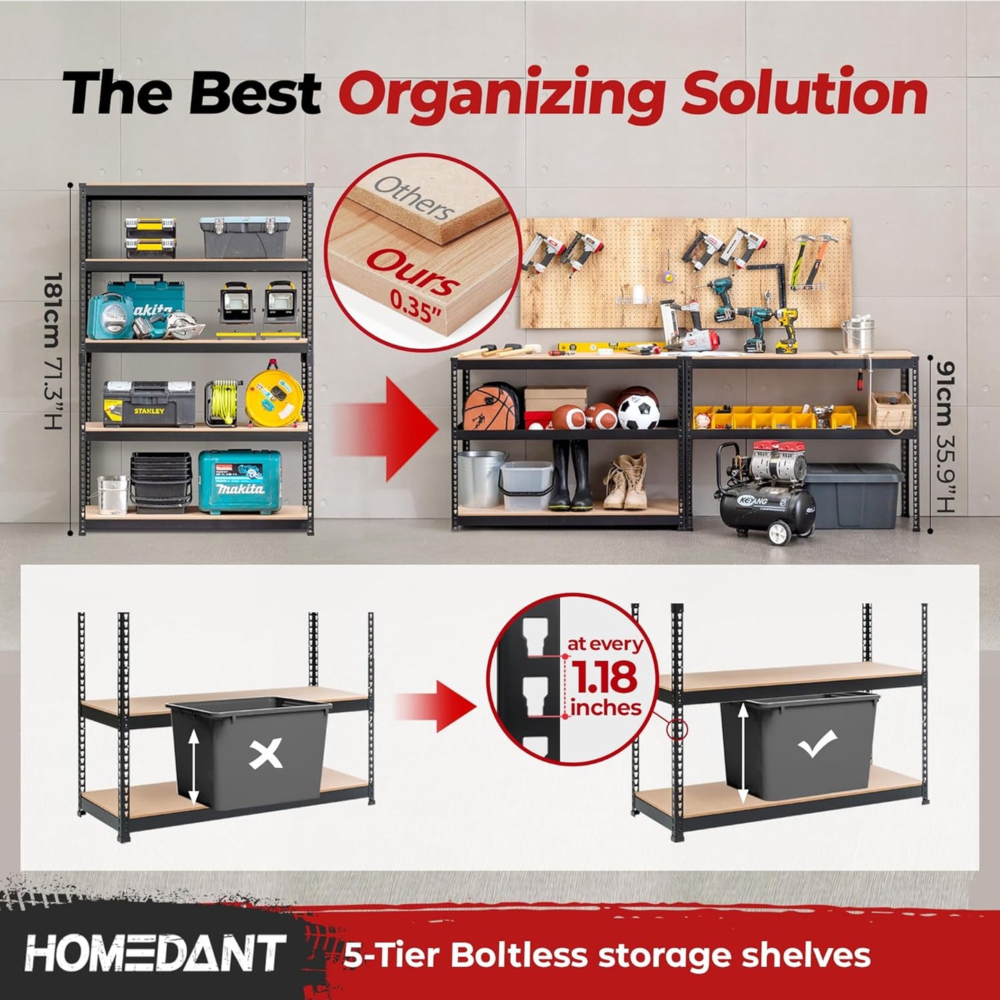 HOMEDANT 5 Tier Laminated Boltless Heavy Duty Garage Storage Adjustable Wide Size Metal Shelving Unit Utility Rack Shelves Organization Multipurpose Shelf Shed Warehouse 47.7"W x 24.1"D x 71.3"H 4Pack