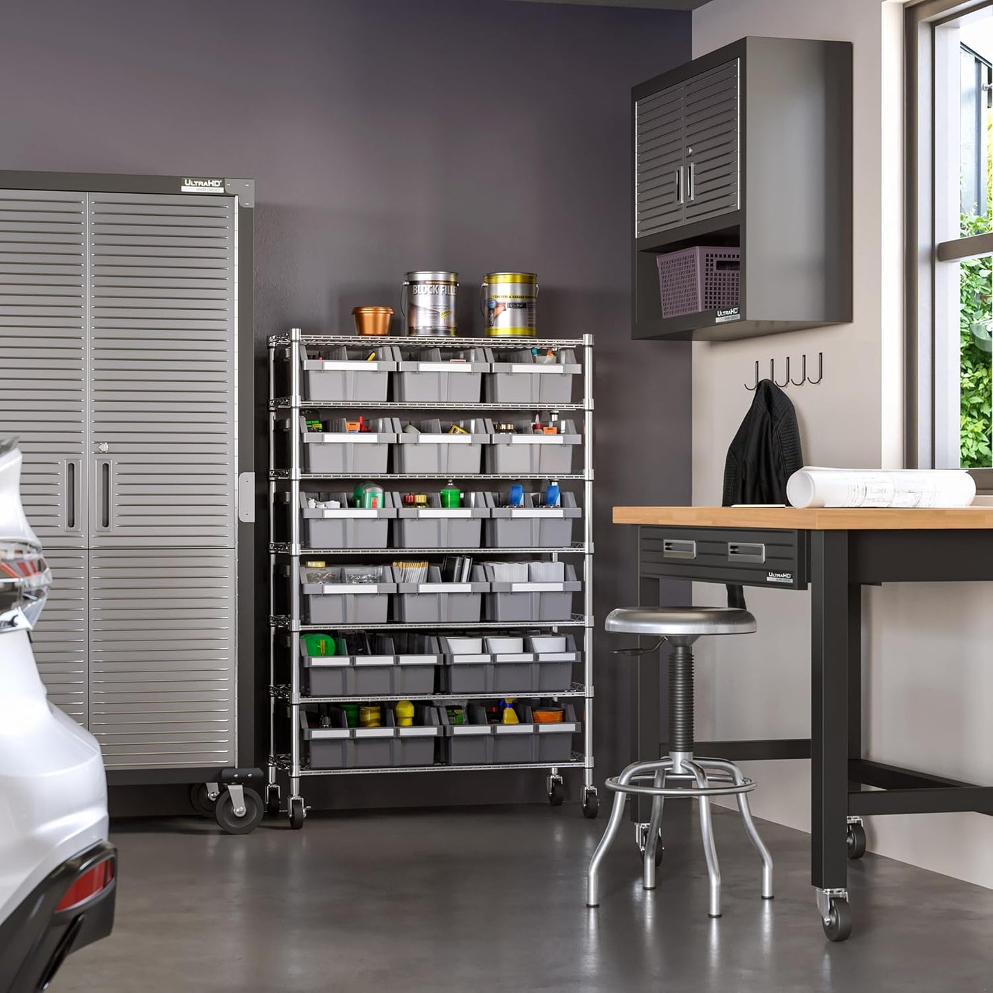 Seville Classics Heavy Duty NSF Bin Rack Solid Steel Wire Shelving Storage Unit, Patented Organizer for Garage, Warehouse, Office, Restaurant, Classroom, Kitchen, Gray, Includes 16 Bins