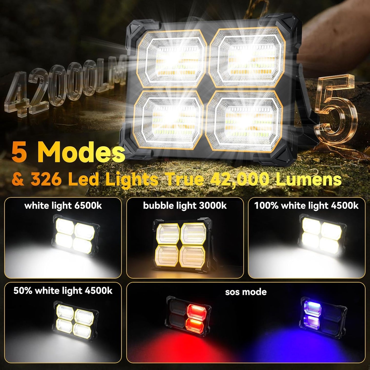 500W Led Work Light Rechargeable,42000MAh Solar Portable Light, 42000LM Magnetic Work Lights, 326 Led Battery Work Lights with Stand 5 Lights Modes IP66 Waterproof for Outdoor Camping Car Repairing