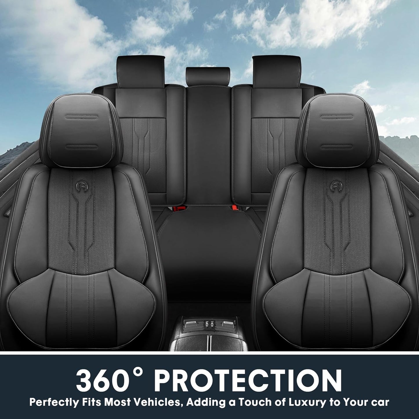 AOOG Car Seat Covers Full Set, Leather Seat Covers for Car, Waterproof Car Seat Protector with Lumbar Support, Automotive Seat Covers Universal Fit for Most Cars SUV Trucks (Full Set, Black)