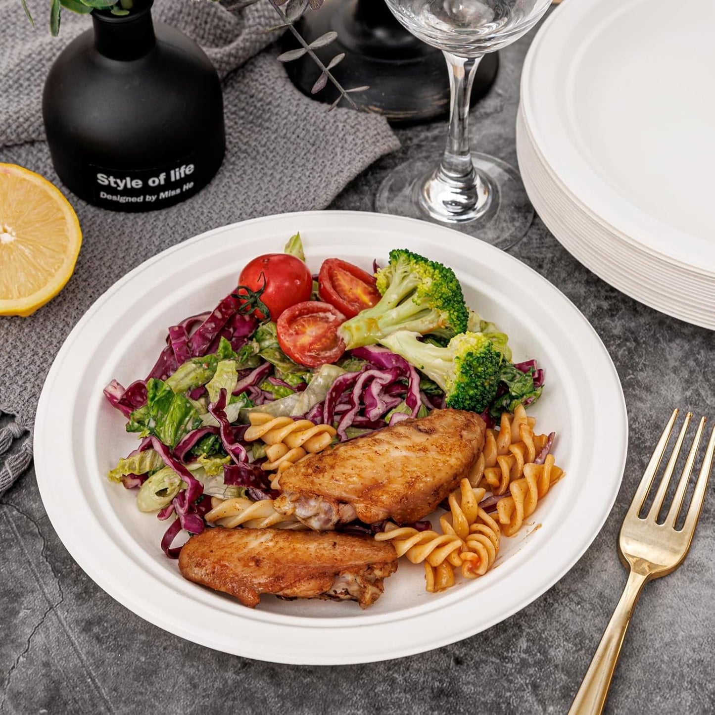 WELLIFE 100% Compostable Paper Plates 9 Inch, 125-Pack Heavy Duty Paper Plates Bulk,Biodegradable Bagasse,Eco-Friendly Disposable Dinner Plate for BBQ,Picnic,Party (BPI Certified,Microwaveable)