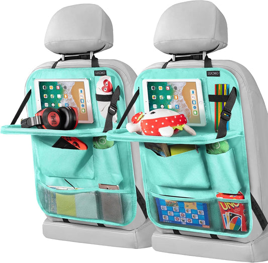 LUCMO Car Backseat Organizer with Tablet Holder-2 Pcs,6 Storage Pockets Car Storage Organizer with Foldable Food Tray,Protectors Kick Mats Travel Accessories-Light Blue